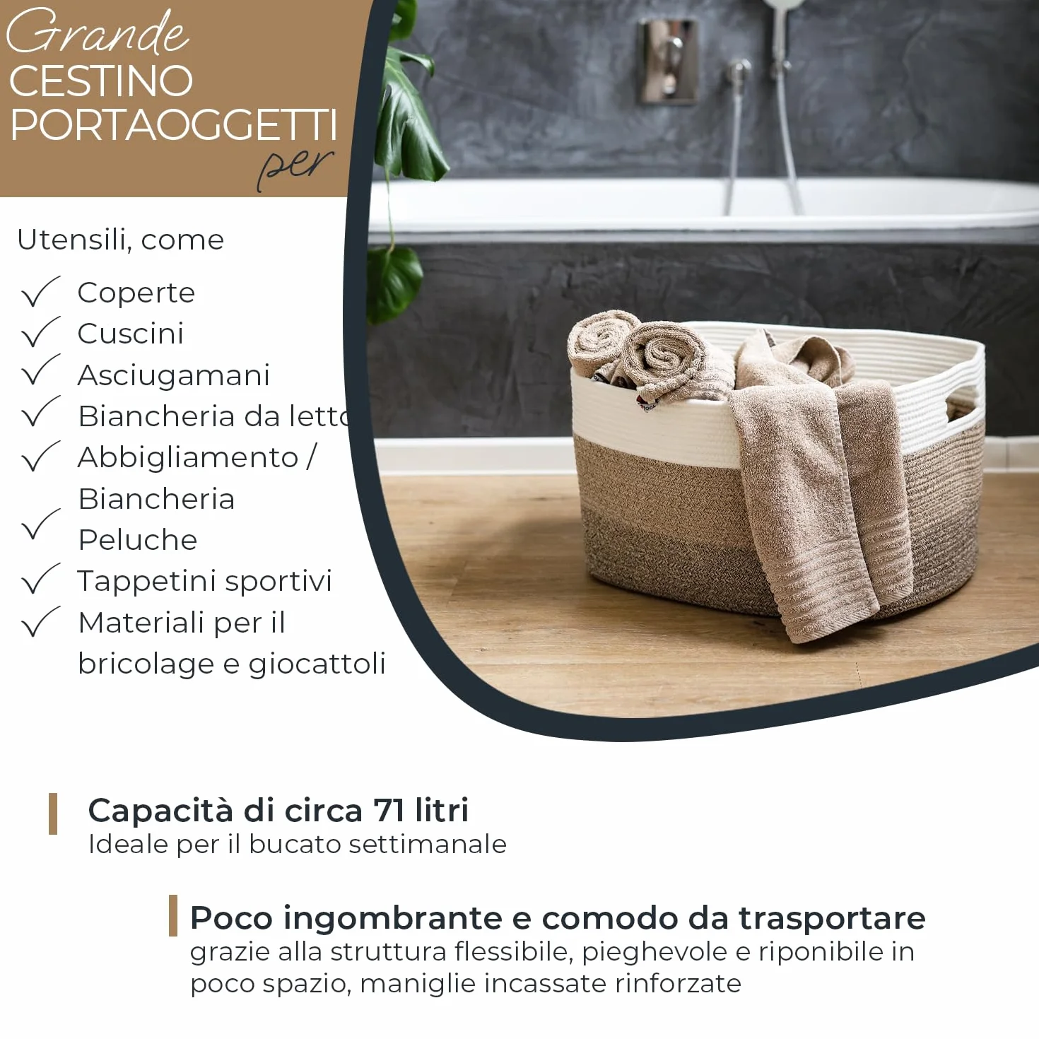 Cesto portabiancheria in cotone angolare con manici 55 x 43 x 30 cm Bianco-Marrone