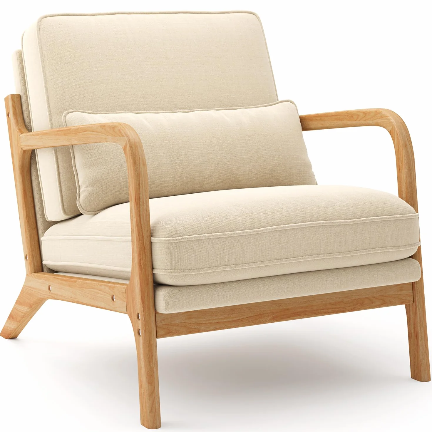 Poltrona da Salotto in Legno di Caucciù,Poltroncina Camera da Letto,con Cuscino Sfoderabile e Schienale con Braccioli con cuscino lombare,82 x 65 x 75CM, Beige