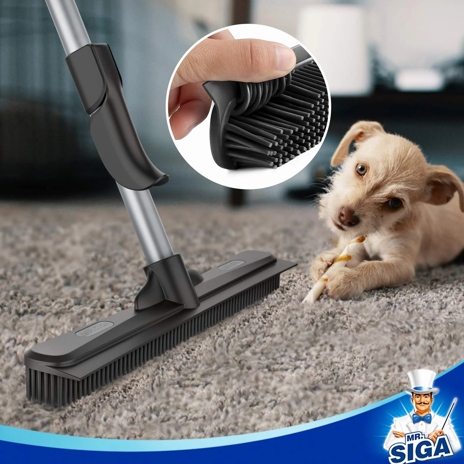 MR.SIGA Scopa in Gomma con Spatola 3 in 1 per Peli di Animali, Spazzola per Tappeti, Manico Regolabile 155 cm, Panno in Microfibra