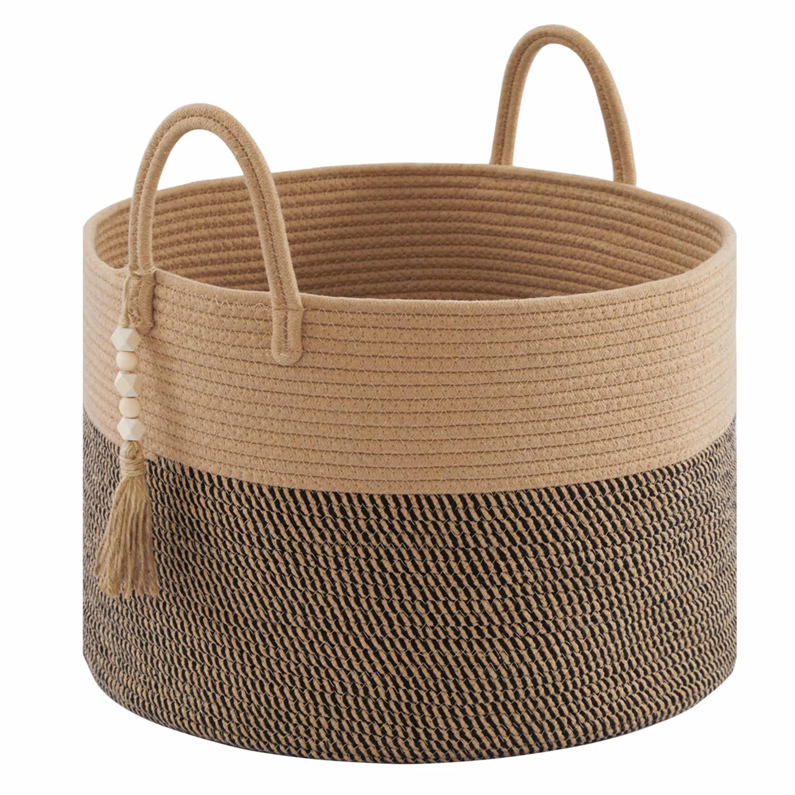 YOUDENOVA Cesto portabiancheria in legno con perline decorative, cestino portaoggetti per bambini, cesto per coperte in corda di cotone grande