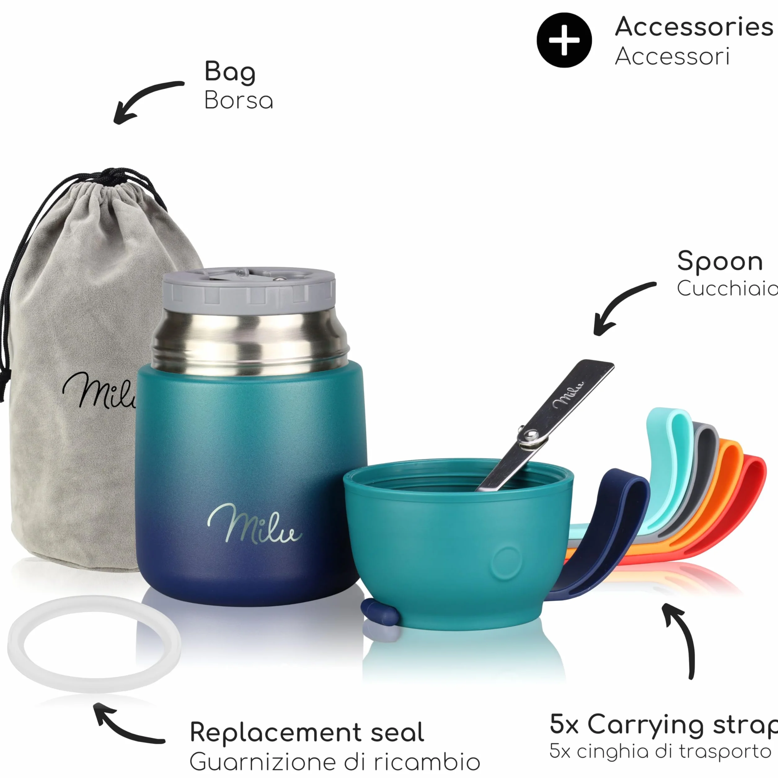 Milu Thermo per Alimenti 450 ml Contenitore Termico Acciaio Inossidabile Isotermico Sottovuoto Cibi Caldi Freddi Verde Blu
