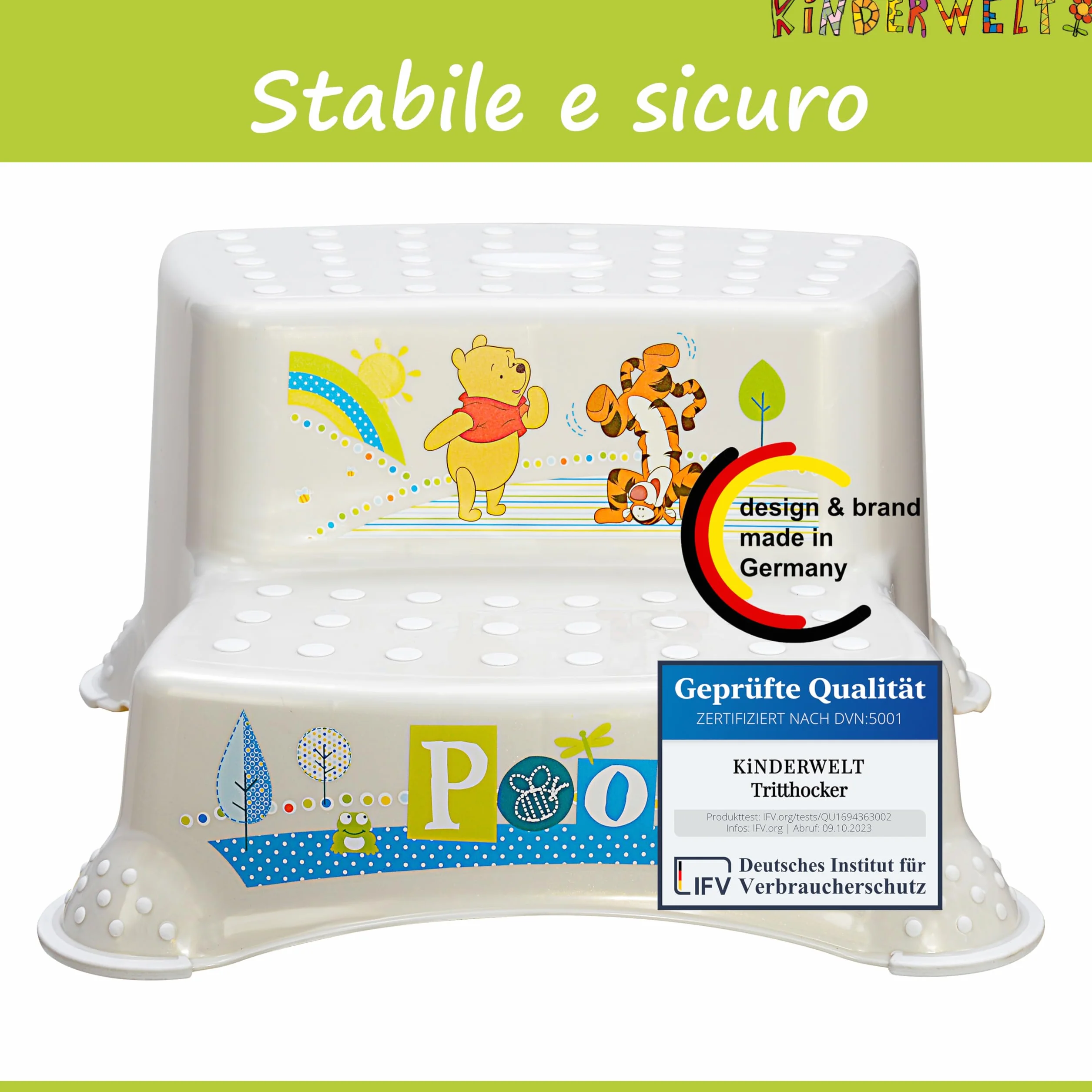 KINDERWELT bianco perla Premium sgabello a due gradini Disney Winnie the Pooh sgabello stabile per bambini con funzione antiscivolo bianco perla con grana unica piacevole effetto glitter individuale