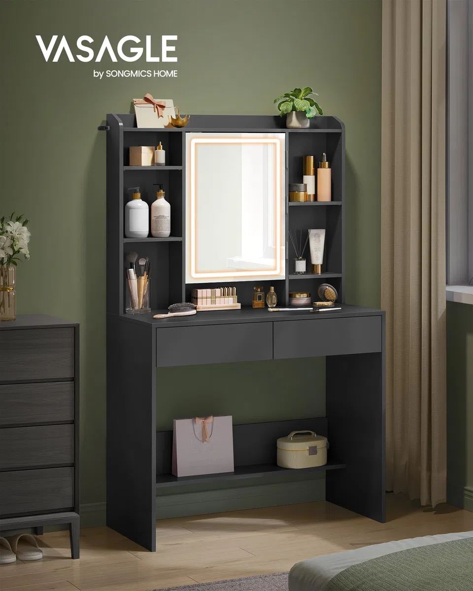 VASAGLE KAILYN Collezione - Toeletta con Luci LED 3 Colorazioni con Luminosità Regolabile, Tavolo da Trucco con Specchio, Ripiani Regolabili, 2 Cassetti, Postazione Trucco, Nero Inchiostro RDT123B01