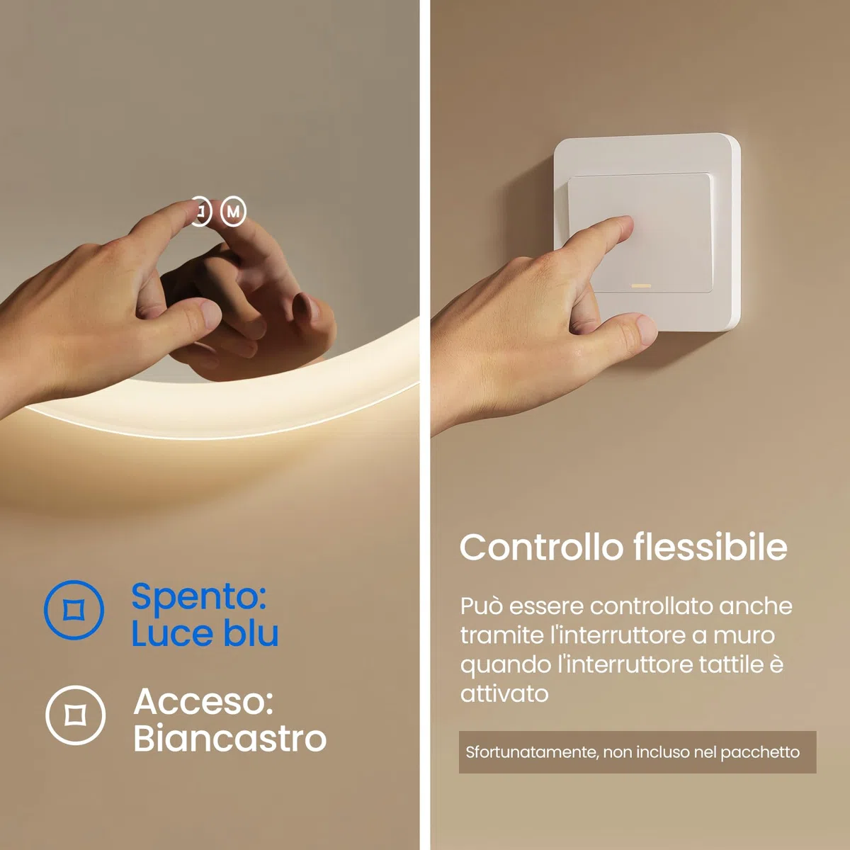 EMKE Specchio da bagno Rotondo 60x60 cm – Anti-Appannamento, Specchio bagno con luce con 3 tonalità di colore, luminosità regolabile, memoria, spegnimento automatico dopo 3 h, specchio LED