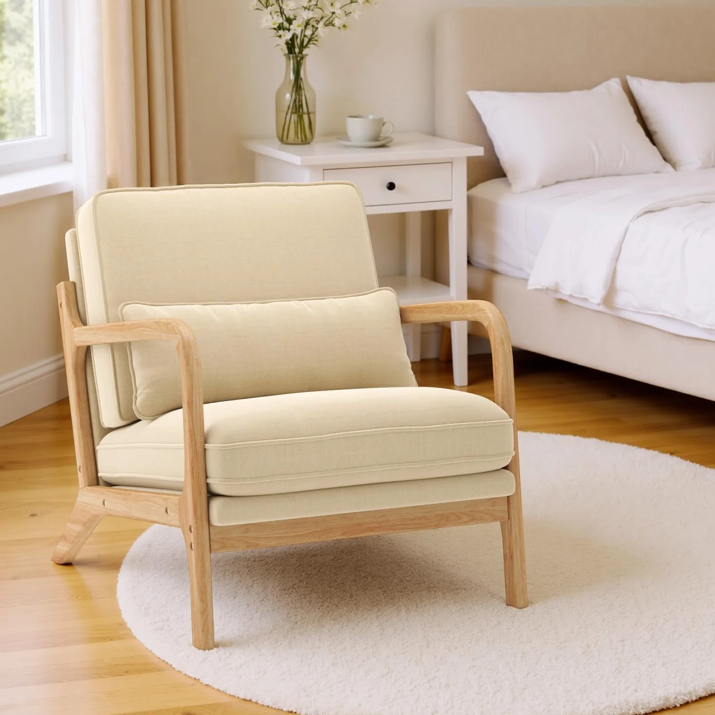 Poltrona da Salotto in Legno di Caucciù,Poltroncina Camera da Letto,con Cuscino Sfoderabile e Schienale con Braccioli con cuscino lombare,82 x 65 x 75CM, Beige