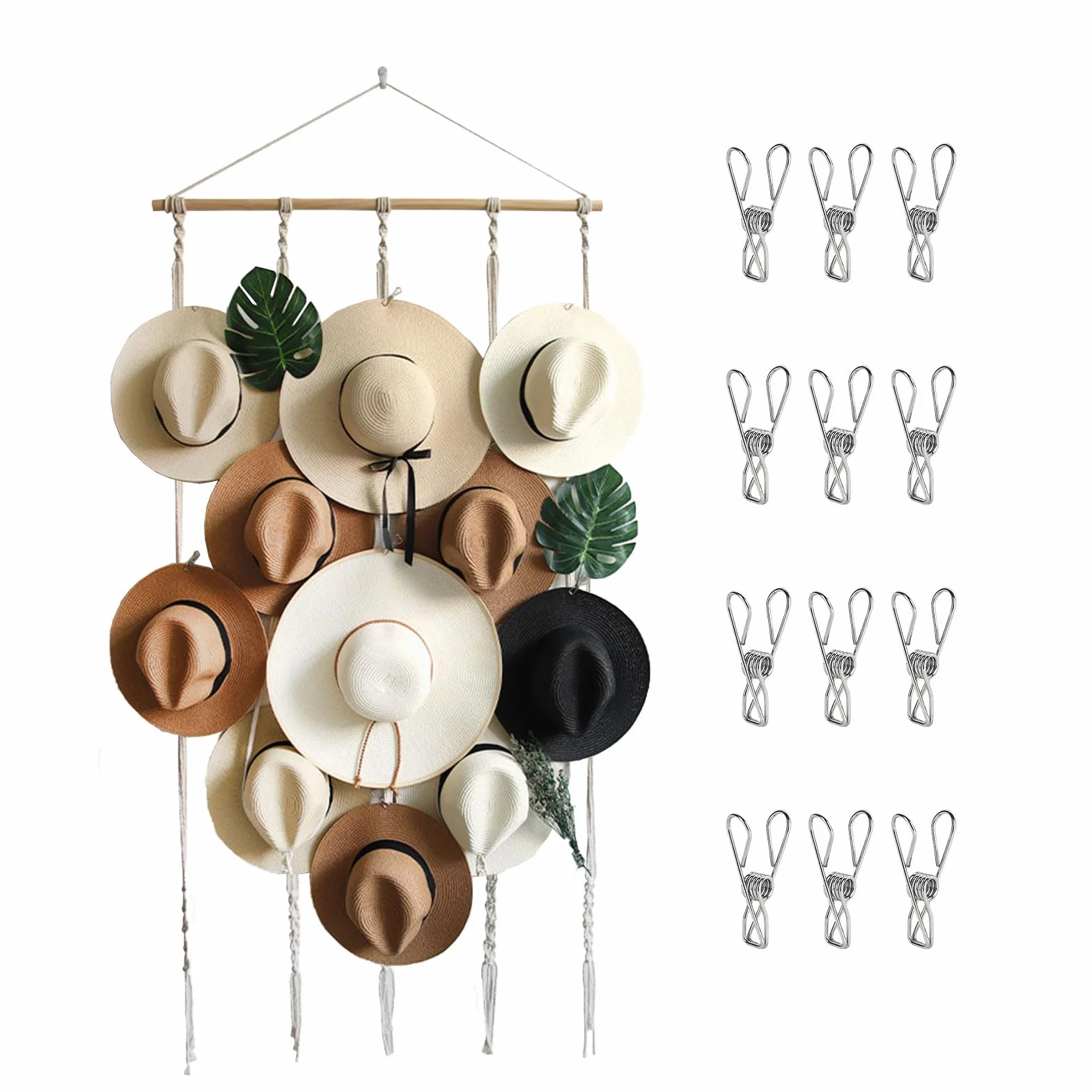 JOJOCY Porta cappelli da parete con 12 clip, organizer boho per cappelli Fedora, cowboy, tesa larga 155x80 cm