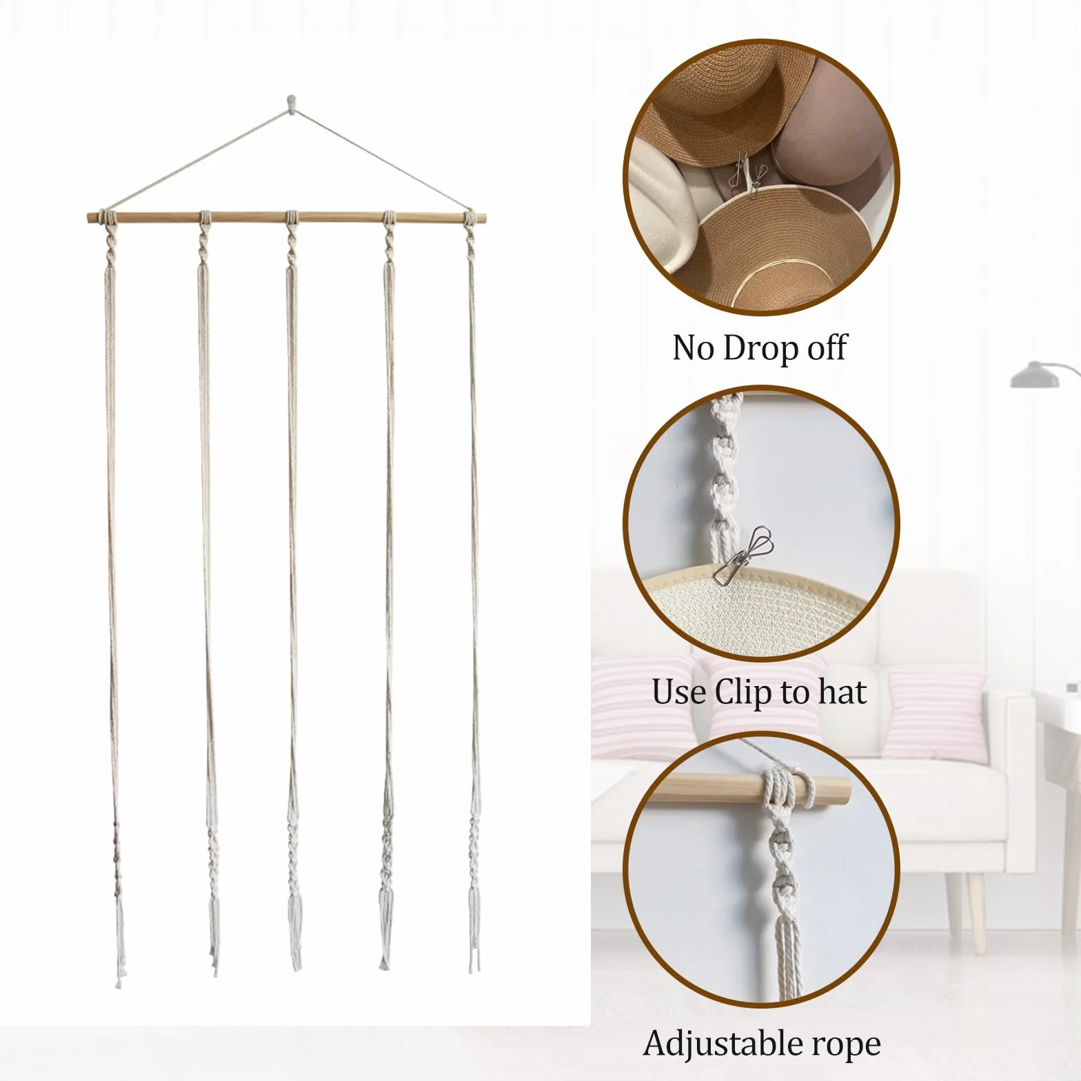 JOJOCY Porta cappelli da parete con 12 clip, organizer boho per cappelli Fedora, cowboy, tesa larga 155x80 cm