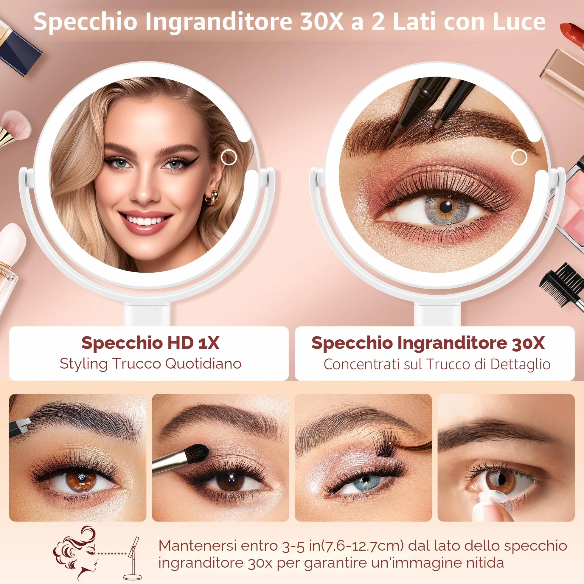 B Beauty Planet Specchio da Trucco Illuminato 30 X con 3 Luci di Colore, LED Dimmerabile e Regolabile in Altezza – Specchio Cosmetico 2 Lati per Bagno – Regalo per Donne Bianco