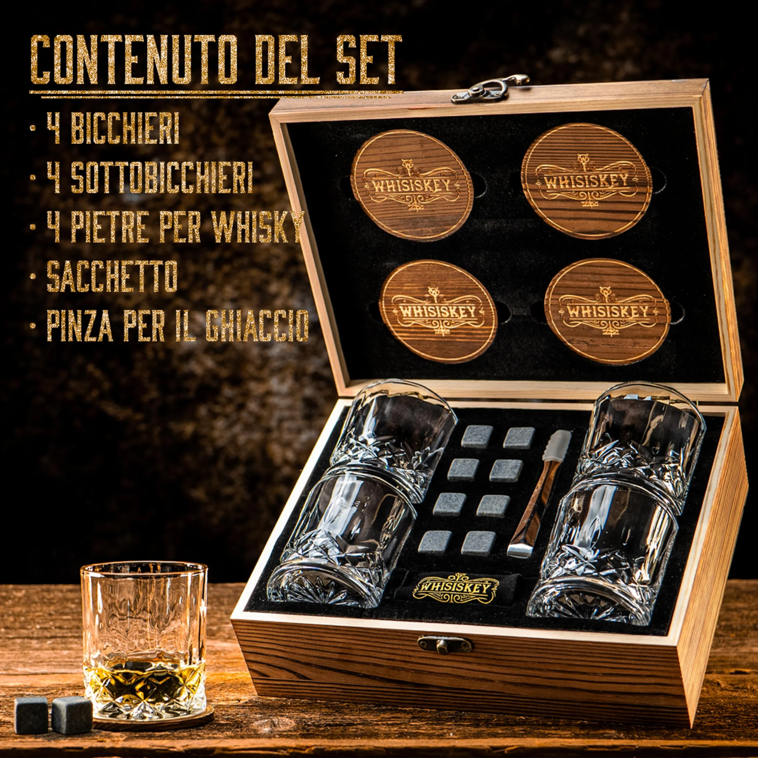 Set di bicchieri da whisky – 4 bicchieri rum, 8 pietre per whisky – regalo per uomo