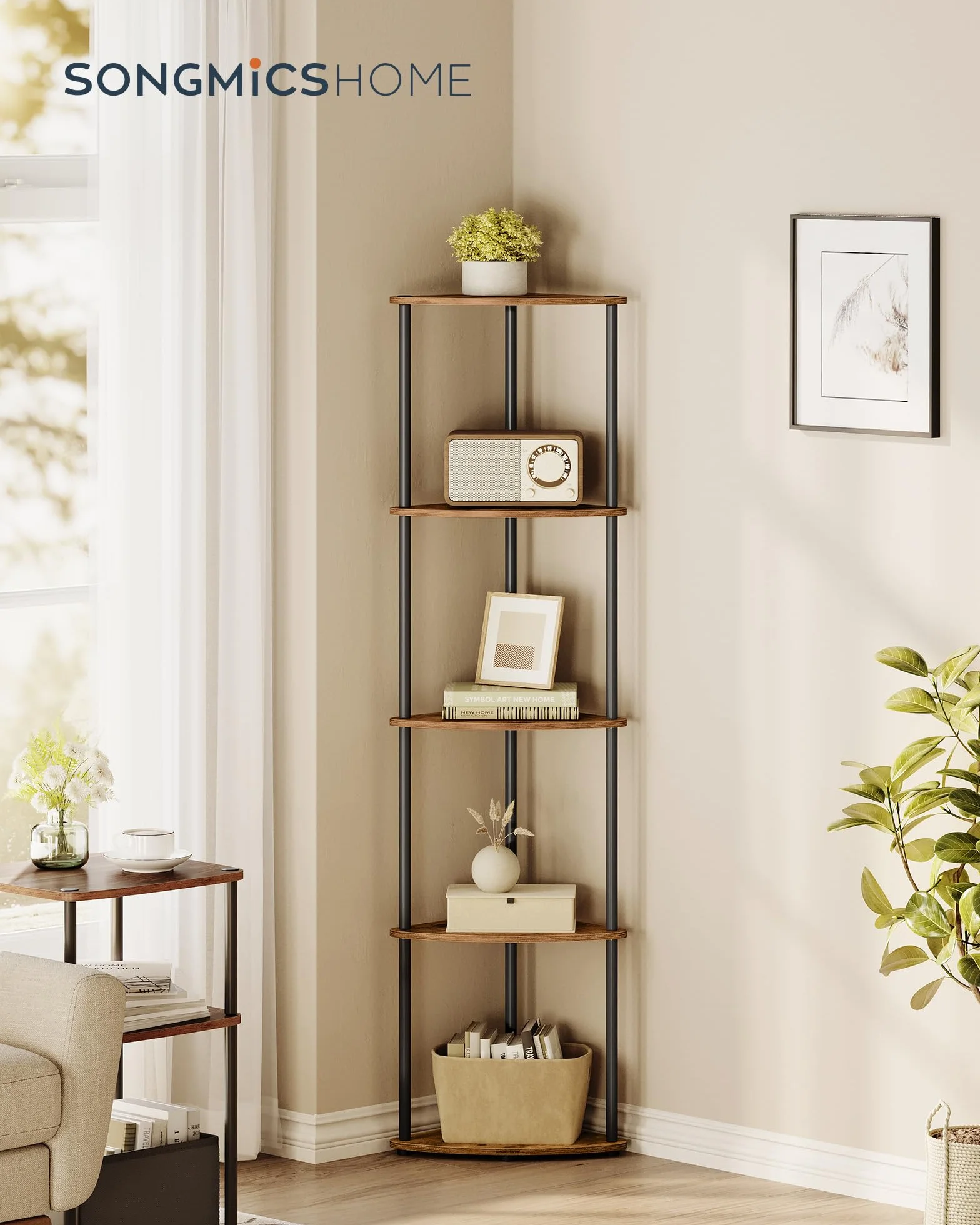 SONGMICS HOME Montaggio Super Veloce Senza Attrezzi, Scaffale Angolare a 5 Ripiani, 38,3 x 27 x 139 cm, Marrone Vintage