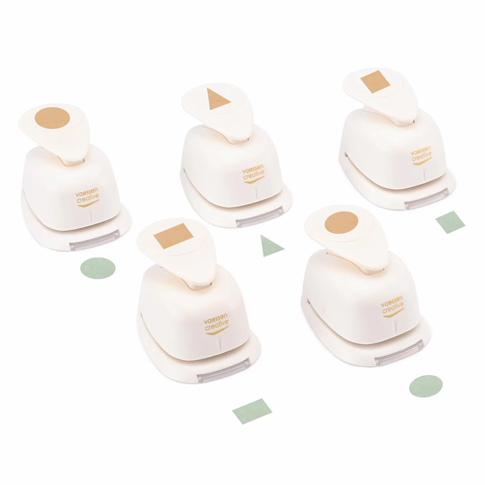 Vaessen Creative Fustellatrice per Carta Set 5 pz-Forme Geometriche-Ø, 2 x 1,9 cm, 1,8 cm, 2,3 1,8 x 2,5 cm-Accessori per Fai da Te, Scrapbooking e Biglietti, Bianco-Oro, Vari, 5 unità