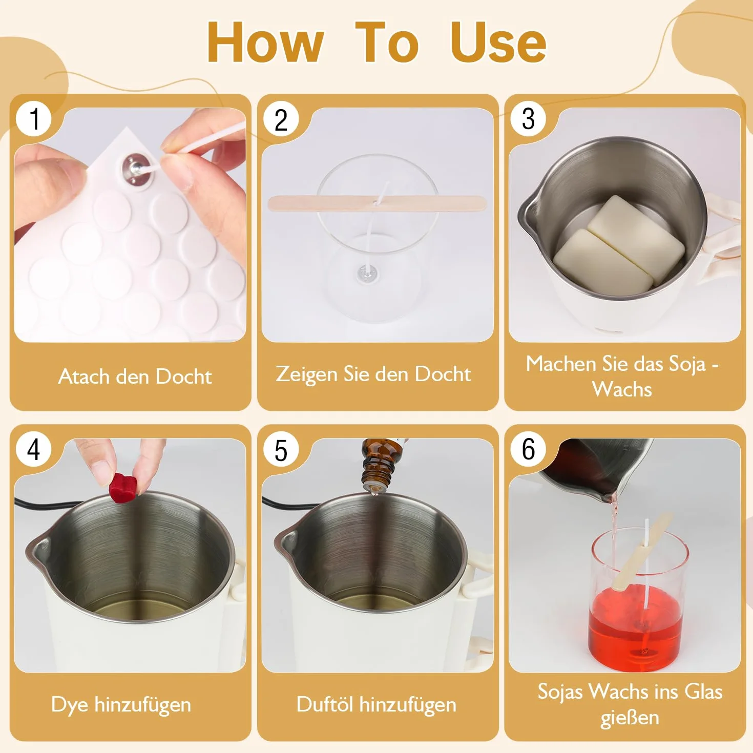 Kit per Sciogliere Cera di Candela Elettrico 800 ml 8 Cubi Cera Bianca 100 Stoppini