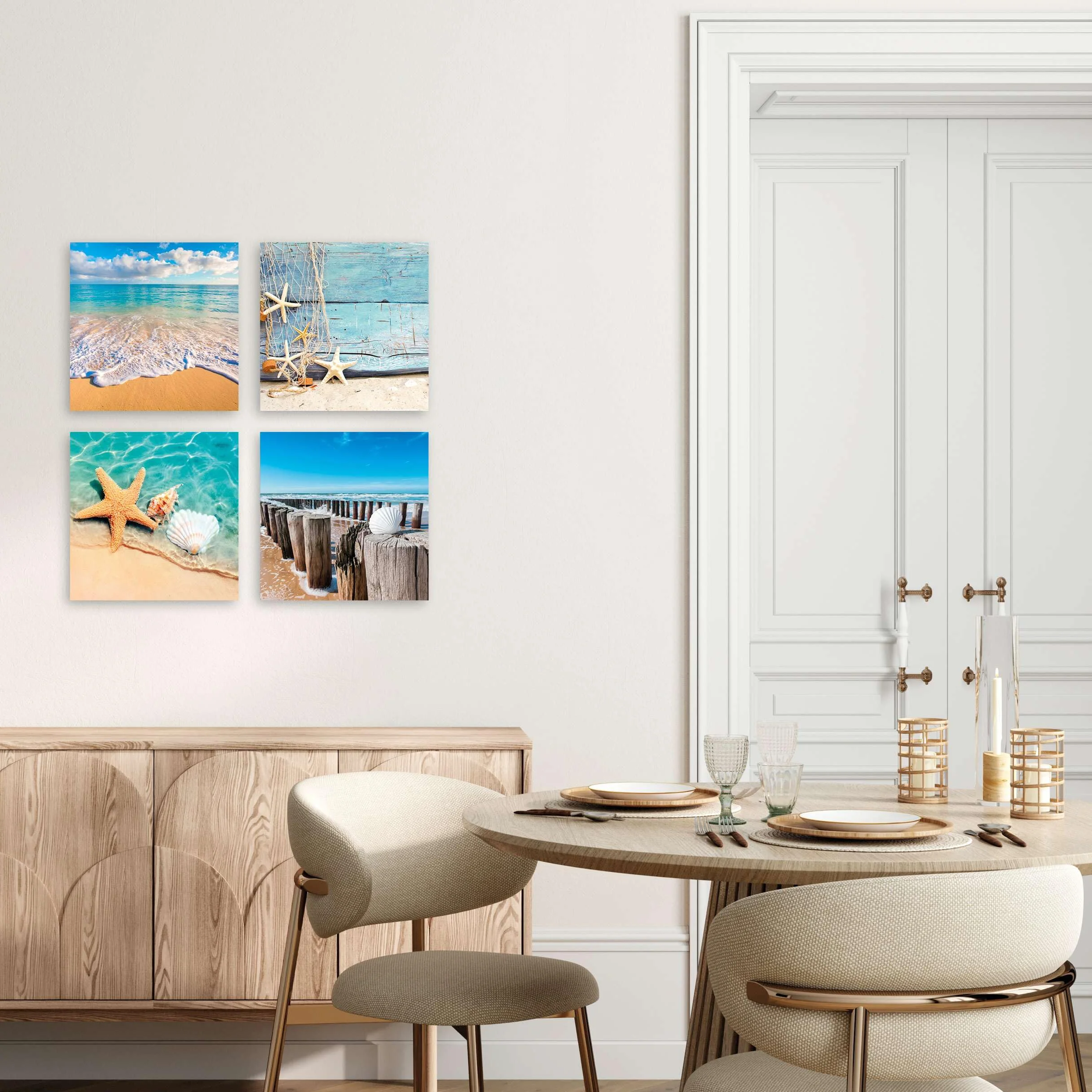 LuxHomeDecor Set di 4 Quadri 30x30 cm - Stampa su Tela con Telaio in Legno - Mare e Spiaggia con Conchiglie, Stelle Marine e Paesaggi Marini Rilassanti