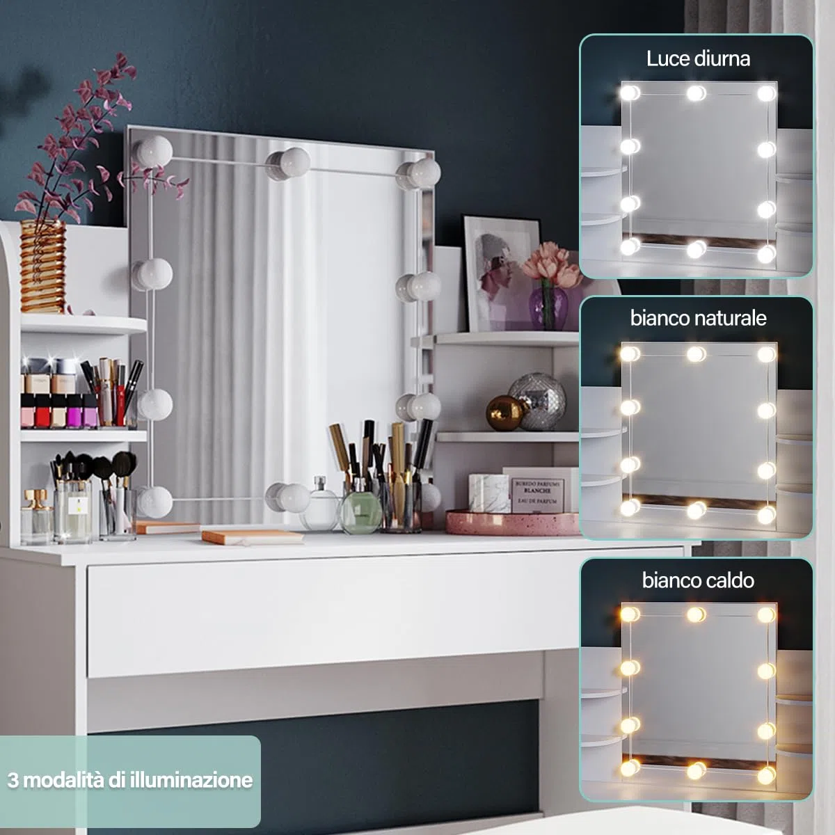SONNI Toeletta Trucco con Luci, Tavolo da Trucco con Specchio e Sgabello,con Lampadine Luce a 3 Toni Luminosità Regolabile LED 108x40x140cm Bianco