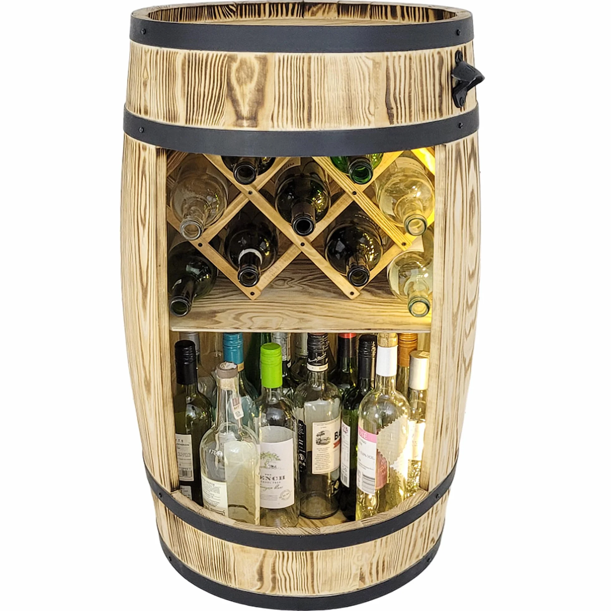 weeco Portabottiglie in legno con luci a LED e portabottiglie – Barile in legno per bicchieri e bottiglie – Montabile – Armadietto per vino – Set regalo – Wine Rack in legno 80 x 50 cm