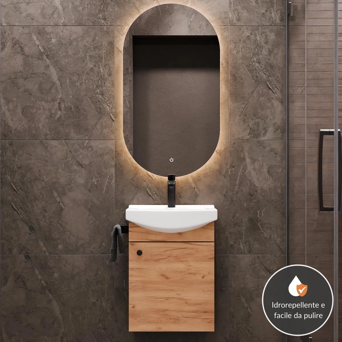 Planetmöbel Set di mobili da bagno lavabo con mobiletto 45 x 60 x 33 cm, specchio con illuminazione 50 x 90 cm per WC ospiti, rovere oro