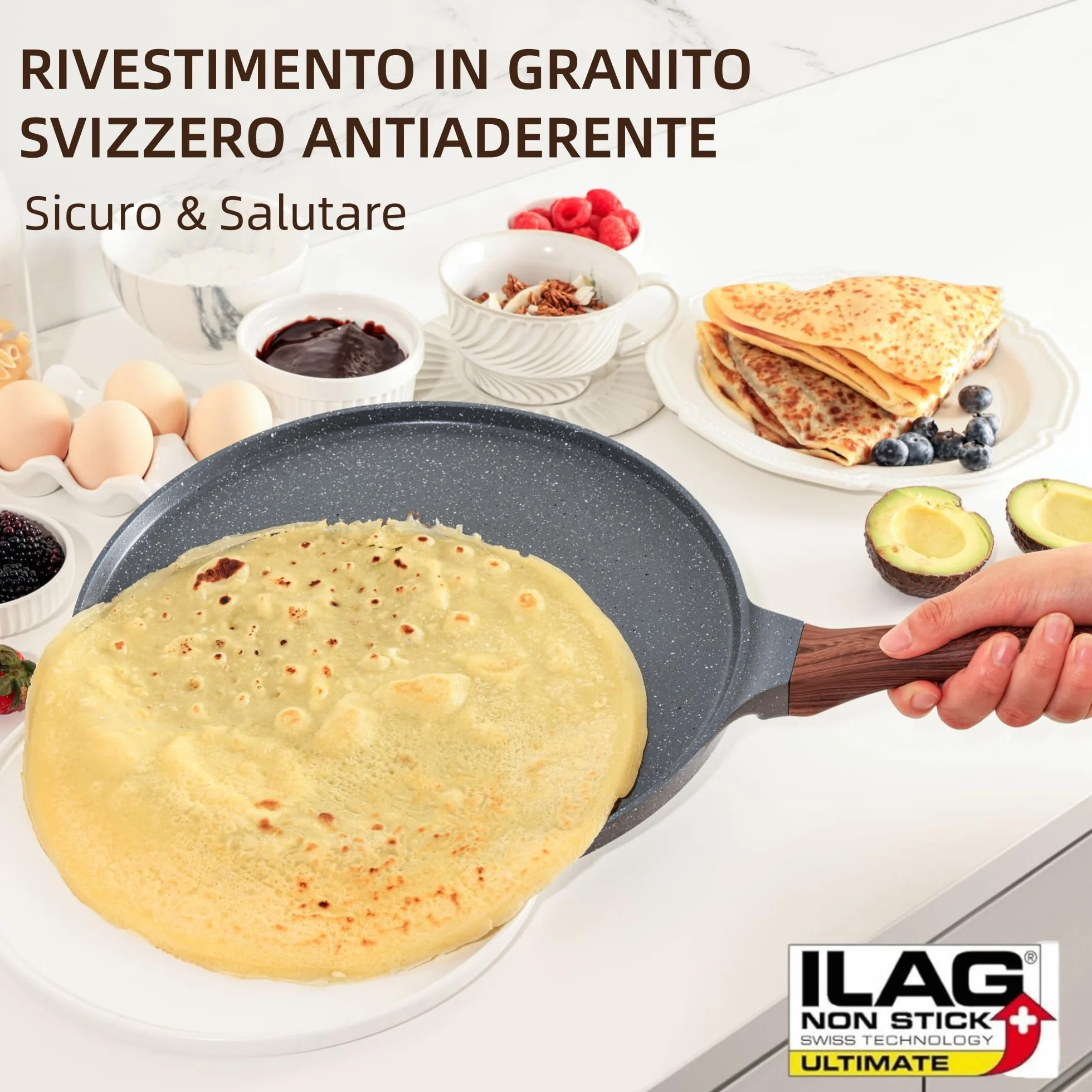 SENSARTE Padella per Crepe 26cm Antiaderente Granito Crepiera con Distributore Impasti Induzione