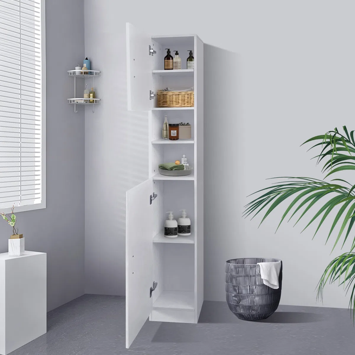 ML-Design Armadietto Alto Mobiletto Verticale da Bagno a Terra Salvaspazio 30 x 190 x 25 cm con 6 Ripiani e 2 Ante, Spazio di Stoccaggio Organizer a Colonna Portaoggetti Multiuso in MDF Bianco