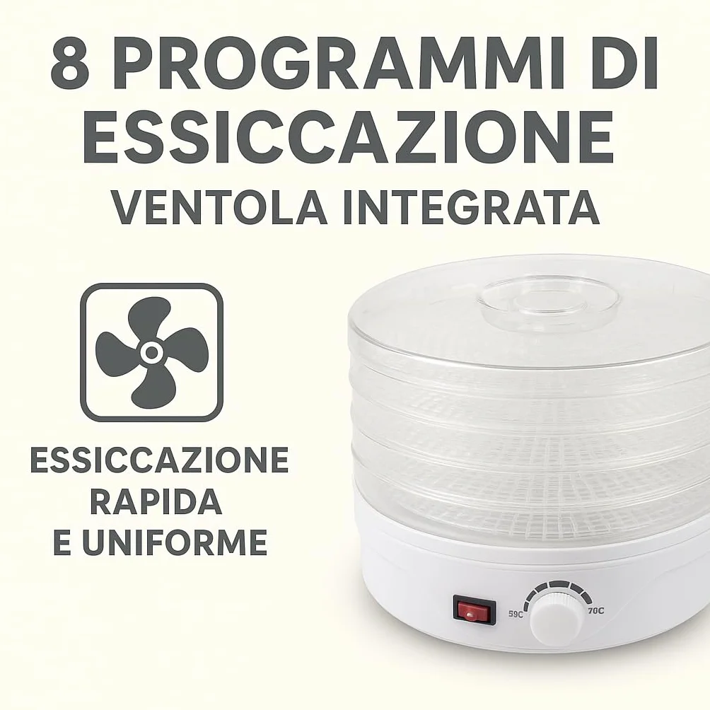 Essiccatore Alimentare 250W con 4 Vassoi – Essiccatore per Funghi, Frutta e Verdura Essiccatore per Alimenti Compatto, 8 Programmi, Ventola Potente, Facile da Usare