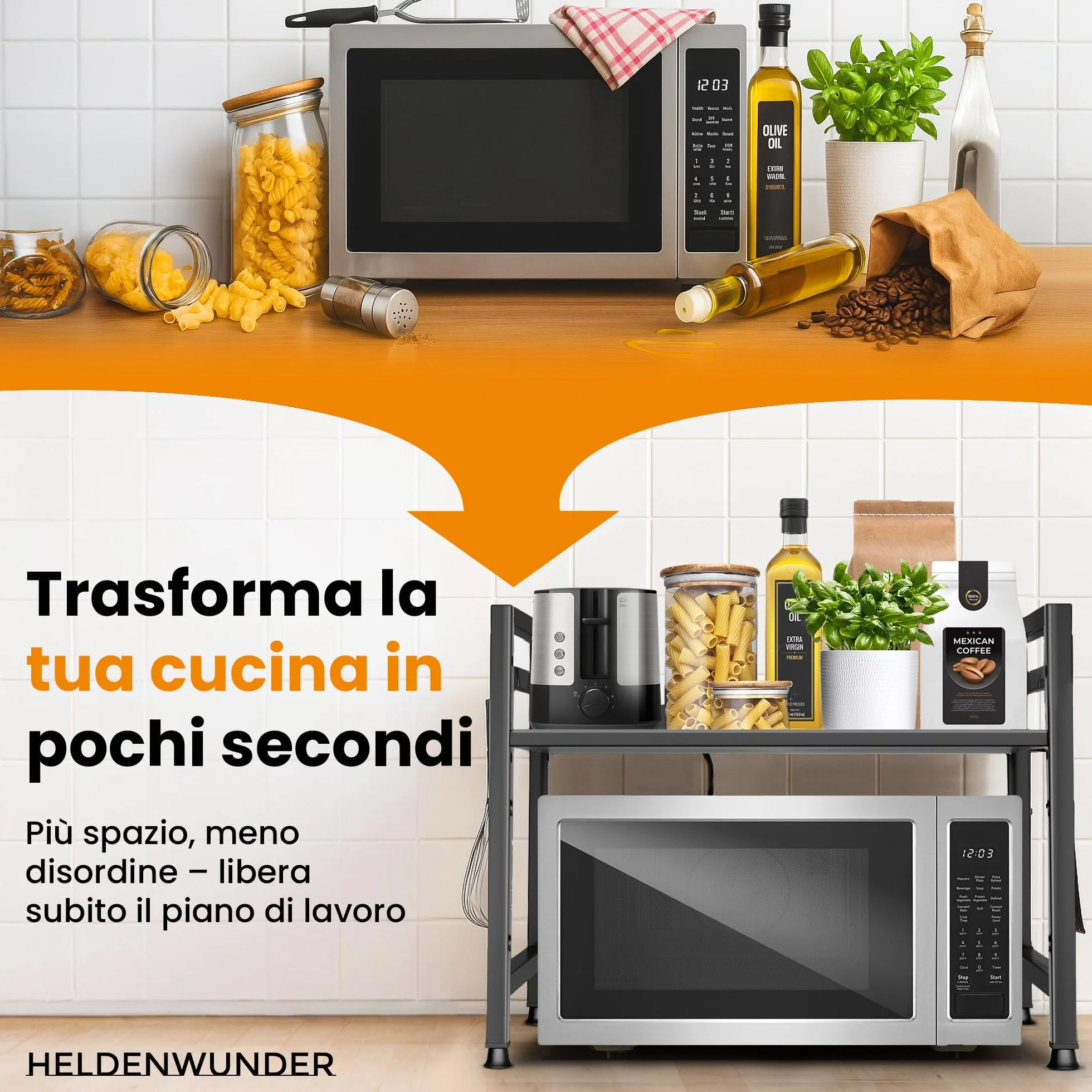 Heldenwunder Mensola Mobile Cucina Salvaspazio Acciaio 2 Ripiani Organizer Forno Mobiletto Supporto Microonde Regolabile Nero