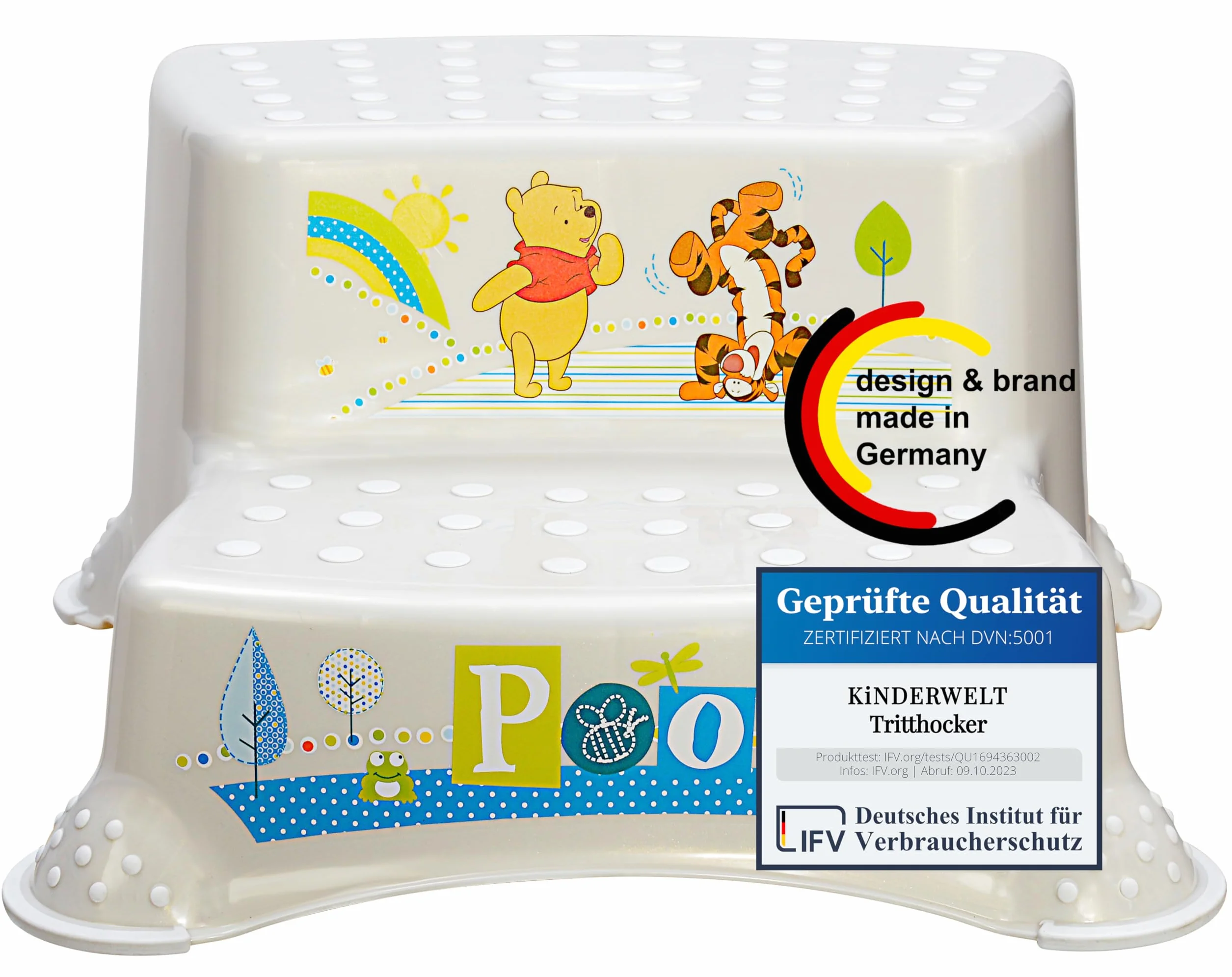 KINDERWELT bianco perla Premium sgabello a due gradini Disney Winnie the Pooh sgabello stabile per bambini con funzione antiscivolo bianco perla con grana unica piacevole effetto glitter individuale