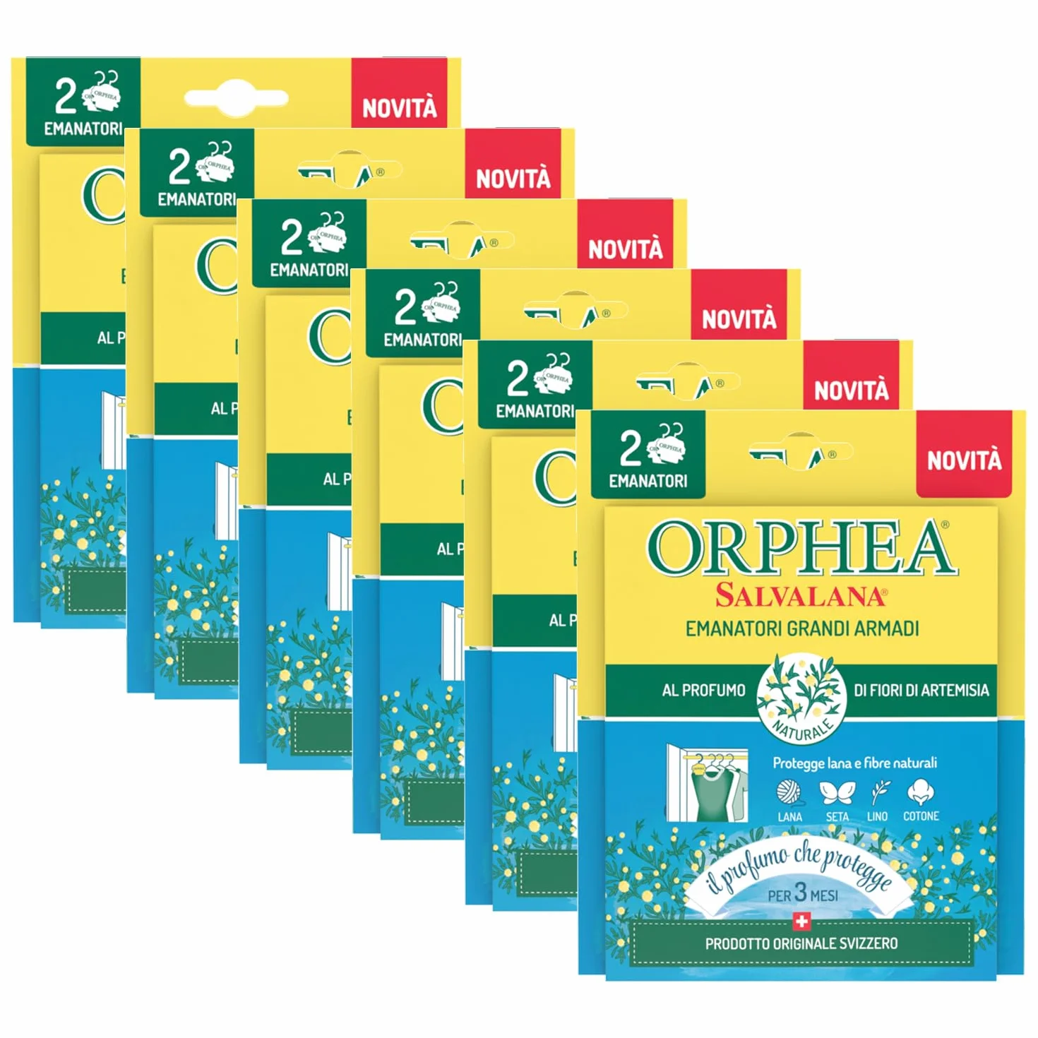 Orphea Salvalana, Emanatori Grandi Armadi, Protegge Lana e Vestiti Tutta la Stagione, Agisce per 3 Mesi, Profumo di Artemisia, 6 Confezioni da 2 Emanatori