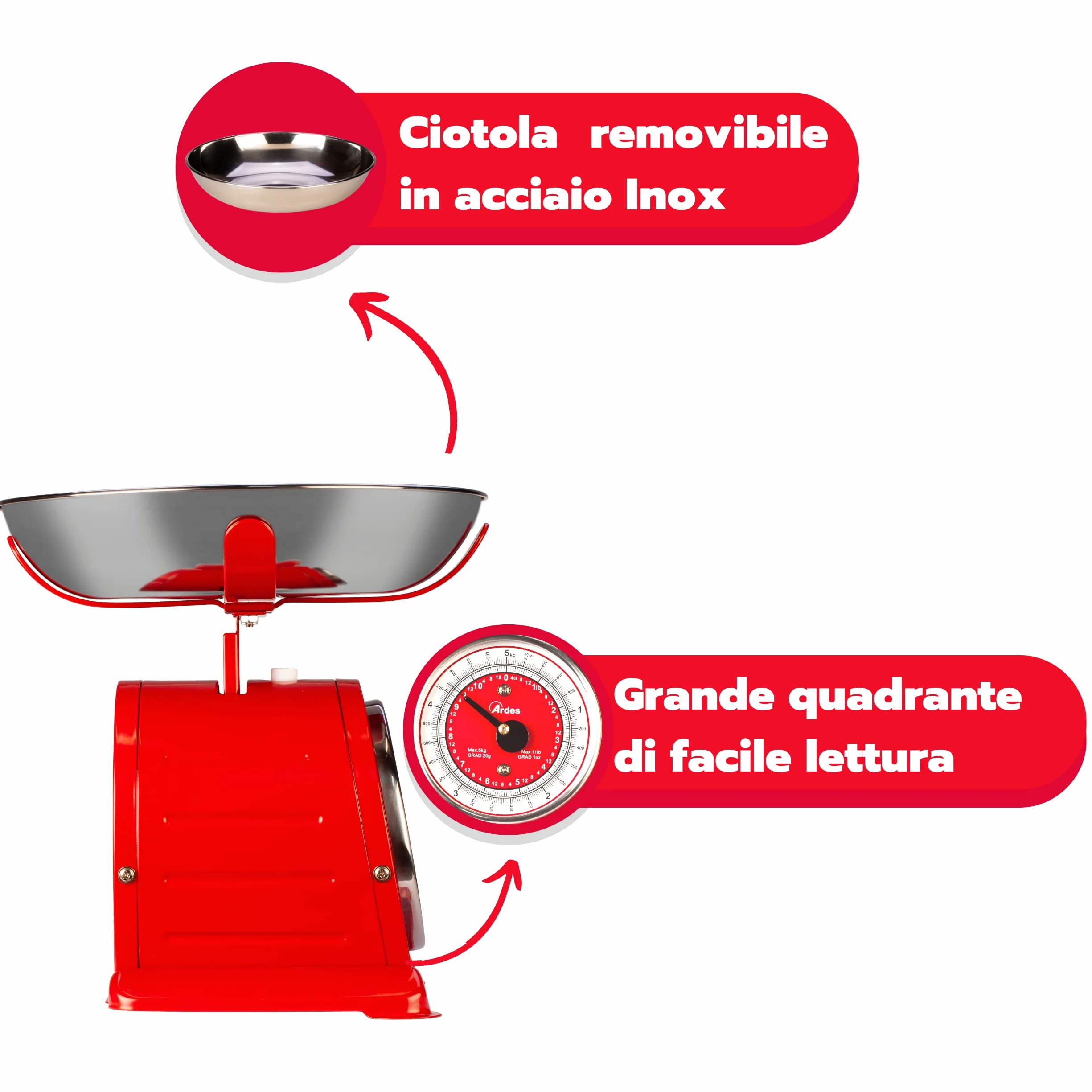 Ardes AR1PA3M Bascula Bilancia da Cucina Meccanica Vintage Style, Ciotola Removibile Acciaio Inox, 5 kg, Rossa