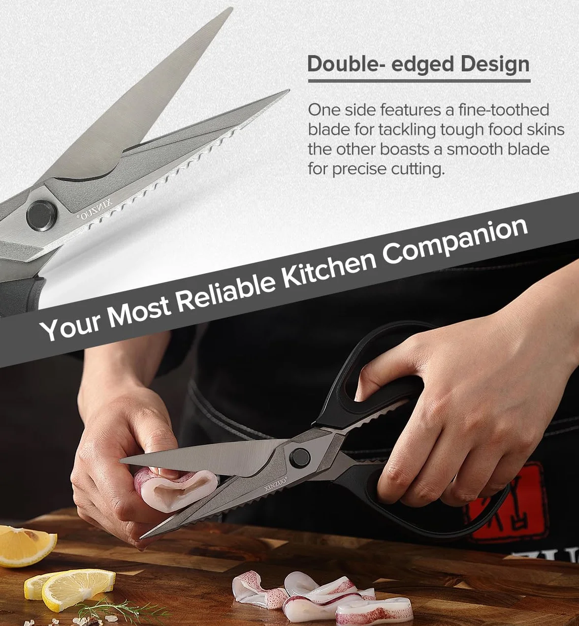 XINZUO Forbici da Cucina Professionali Acciaio Inox Rivestite in Titanio Nero Manico Antiscivolo