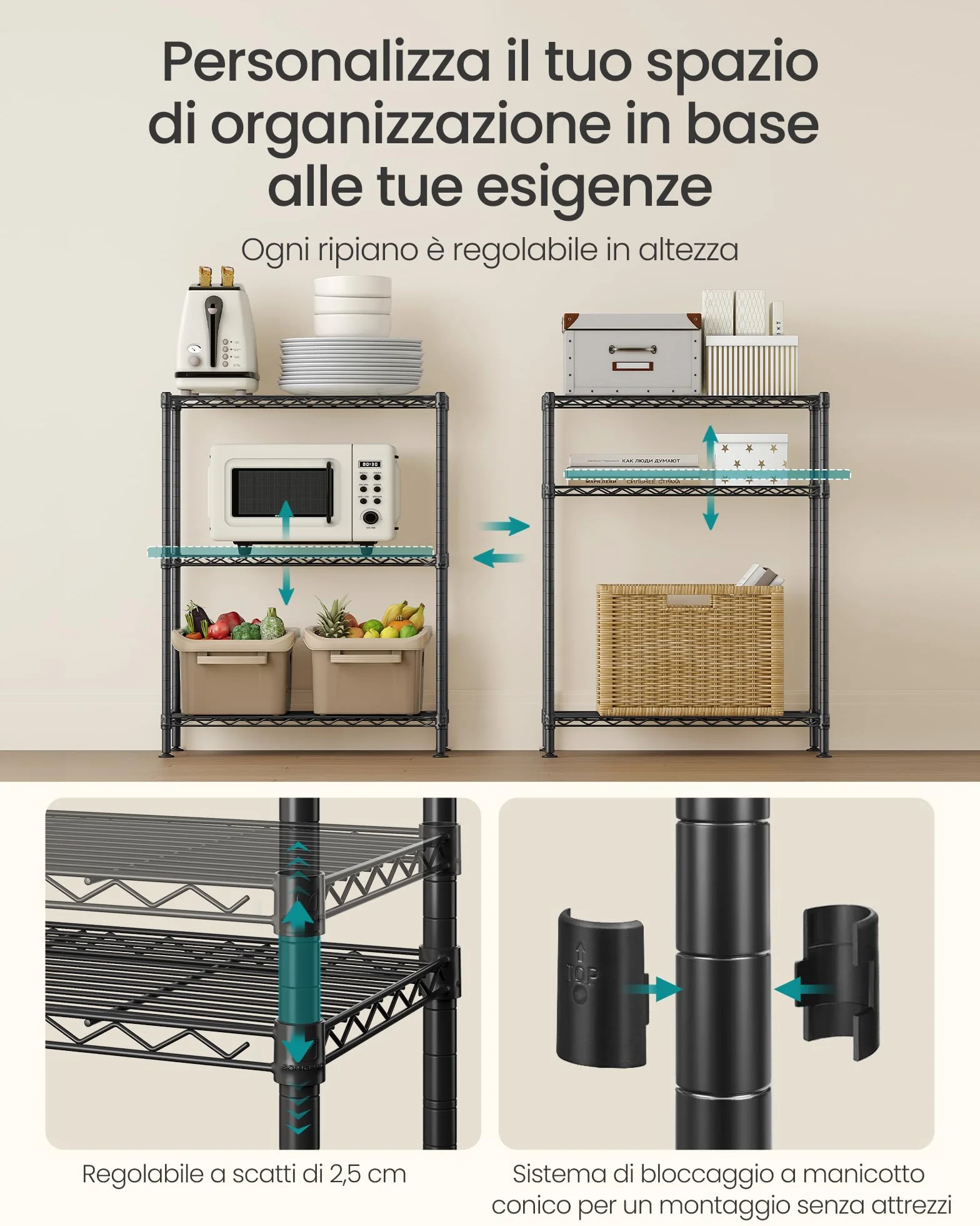 SONGMICS Scaffale Portaoggetti 3 Livelli, Ripiani Regolabili, 30 x 60 x 77 cm, Nero Inchiostro
