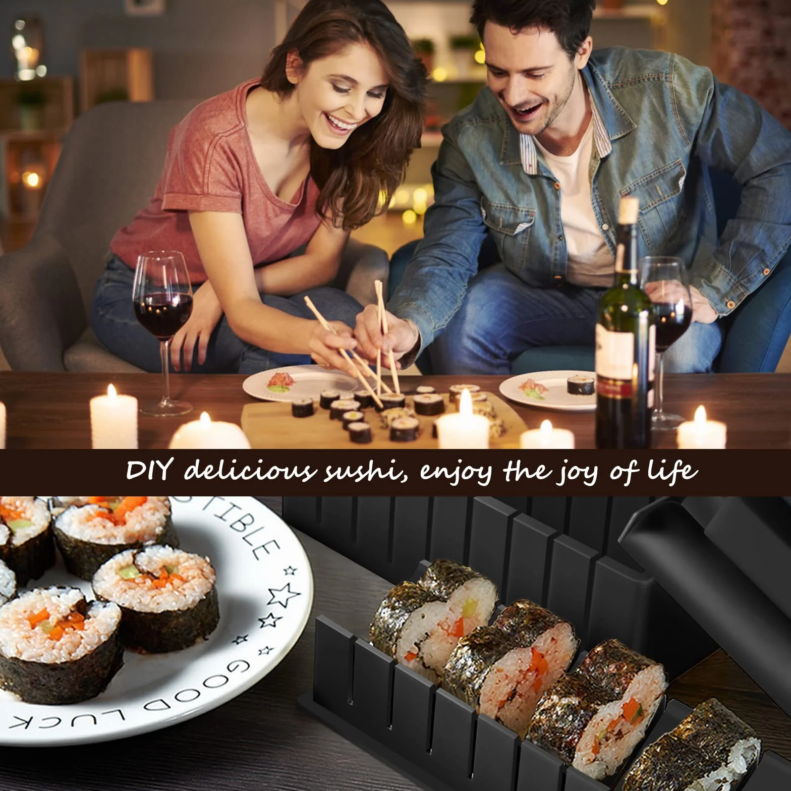 Kit sushi set 20 pezzi, adatto ai principianti da preparare da soli, con stampo per polpette di riso, coltello, tappetino per rotolare, bacchette, set completo Piatti da sushi (Nero)