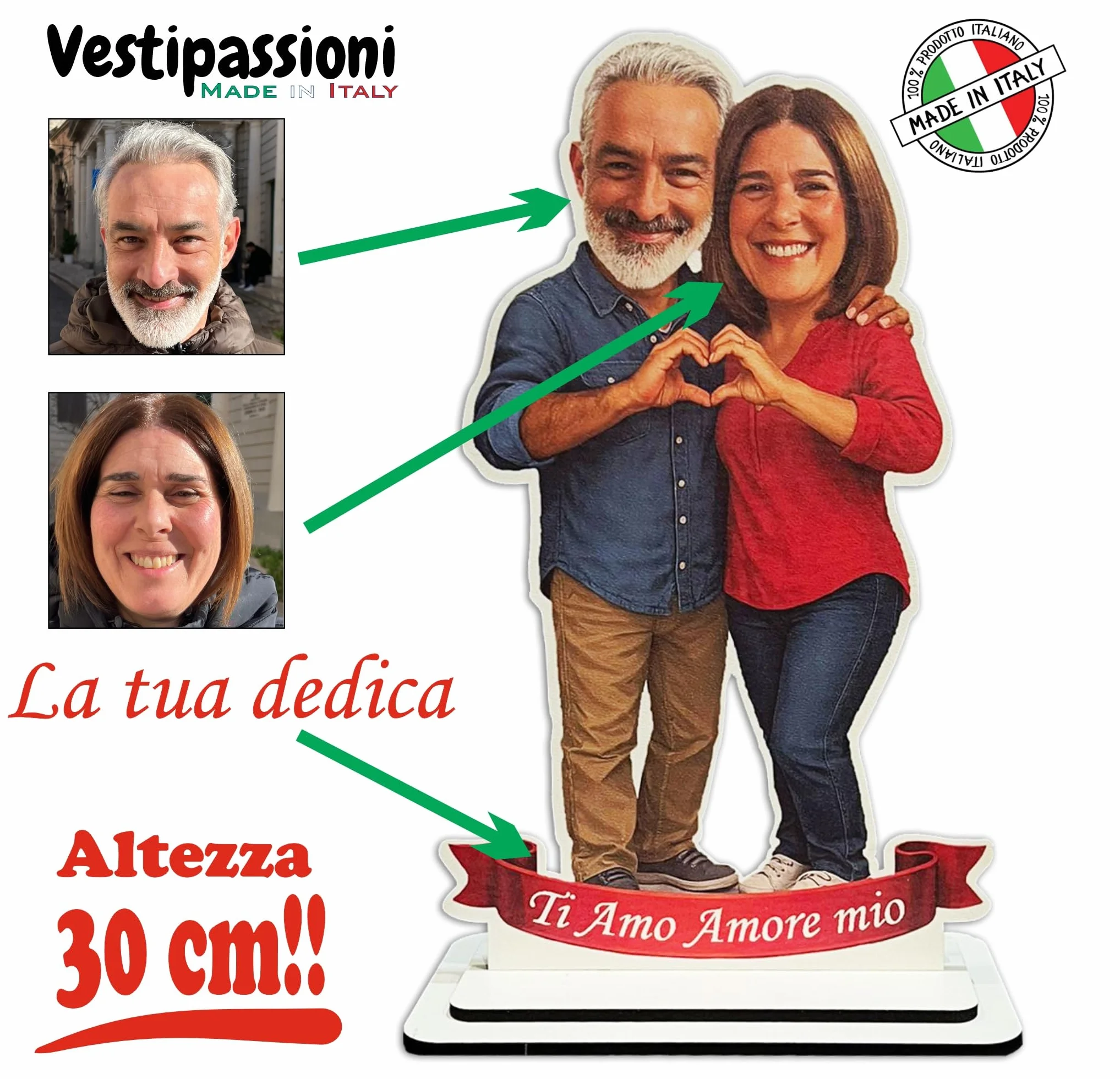 Vestipassioni Statuina Personalizzata Coppia con Foto MDF 30 cm Decorazione Frase Personalizzabile Made in Italy