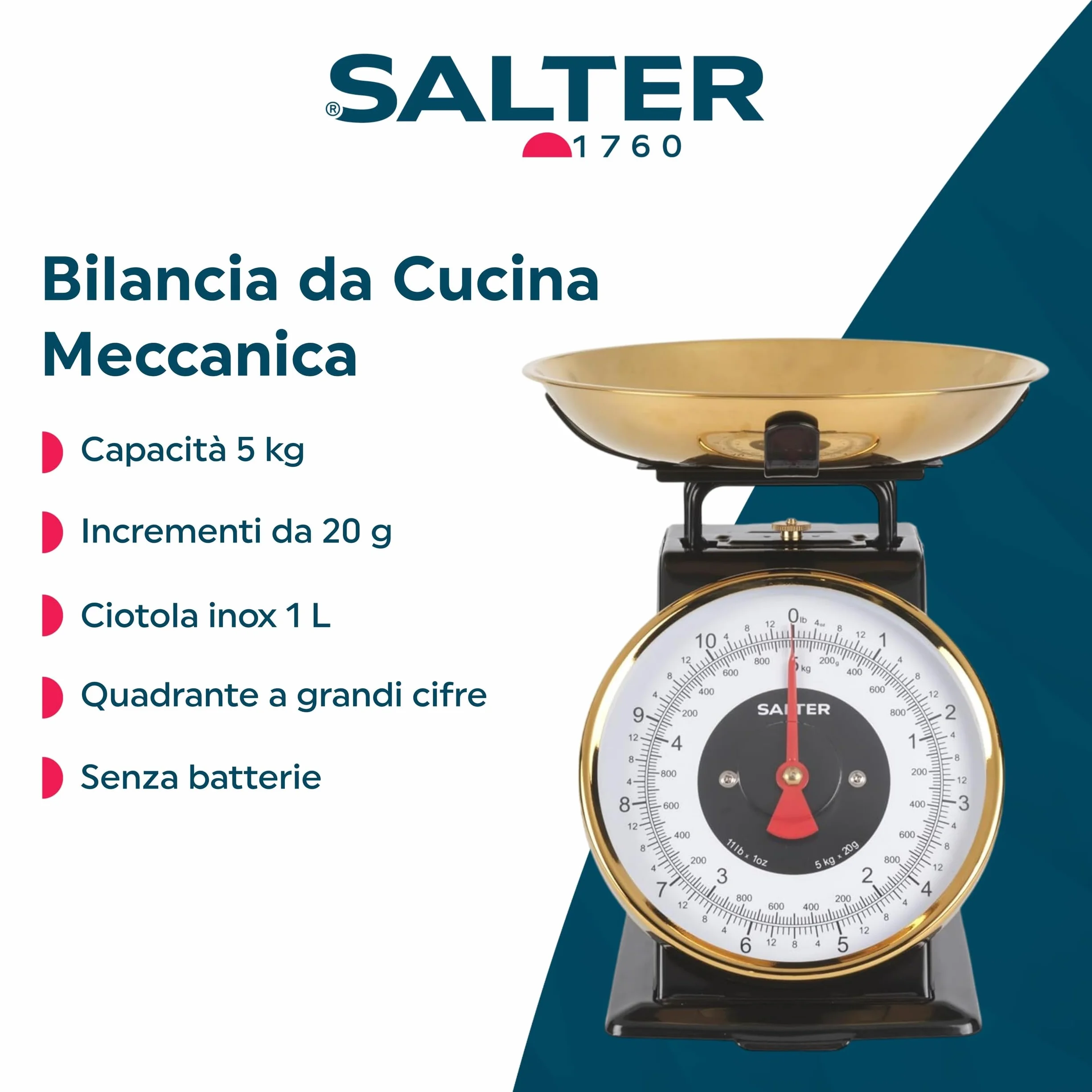 Salter Timeless Bilancia da cucina meccanica 5 kg acciaio inox 1 litro incrementi 20 g cifre grandi nero oro