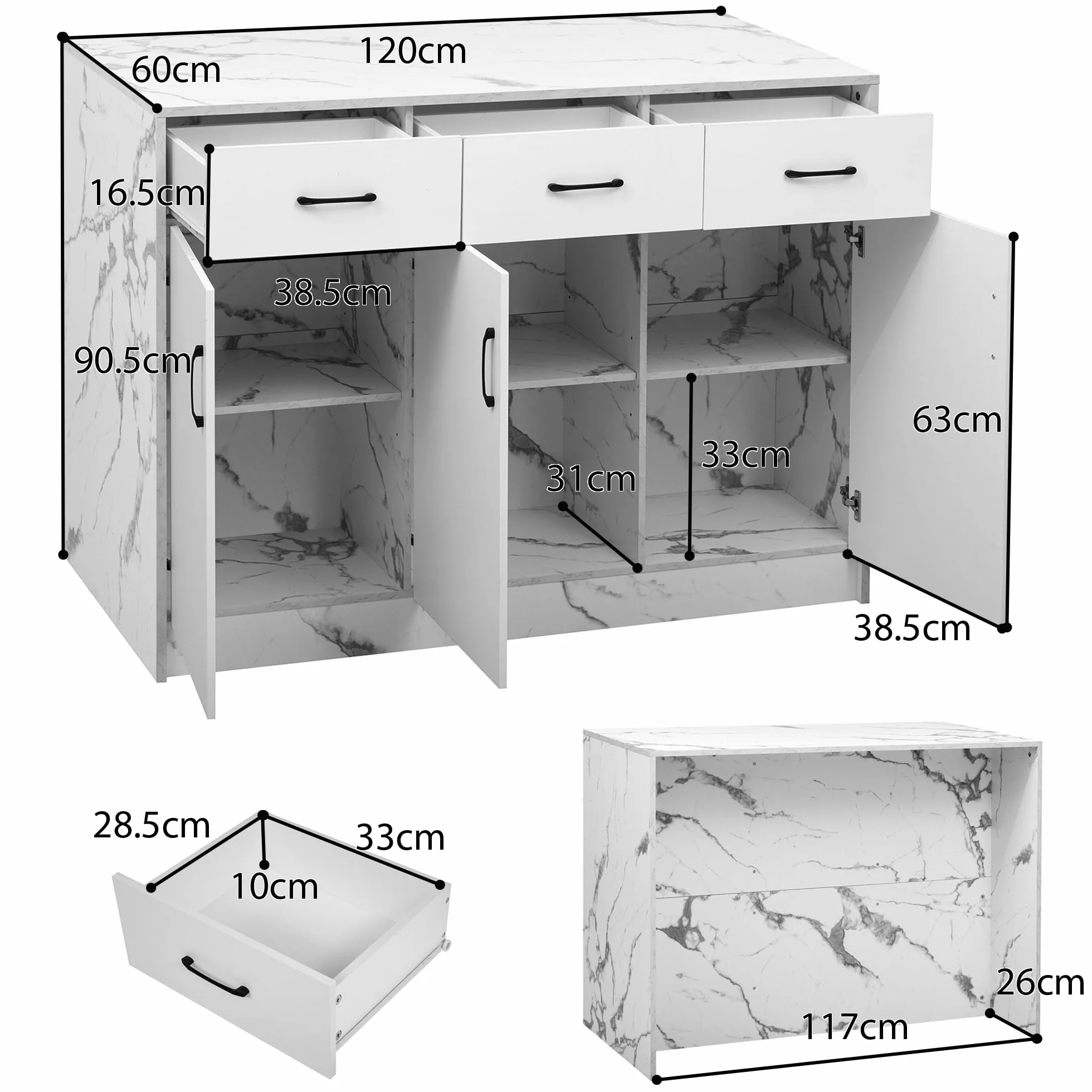Grande isola da cucina 120 x 60 x 90,5 cm, 3 cassetti e 3 ante, design in marmo bianco, ripiani regolabili, cassetti silenziosi, design zona bar - Utensili da cucina eleganti e pratici