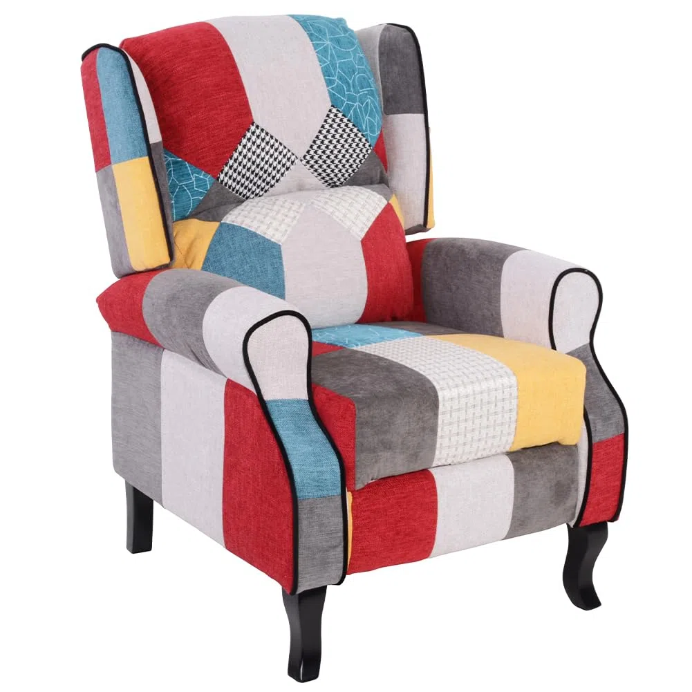 BAKAJI Poltrona Sedia Reclinabile Rivestita e Imbottita con Design Patchwork, Stile Toppe, Arredamento Casa Ideale per Lettura e Riposo, Schienale Comodo Ergonomico per Postura Dritta (Brown)