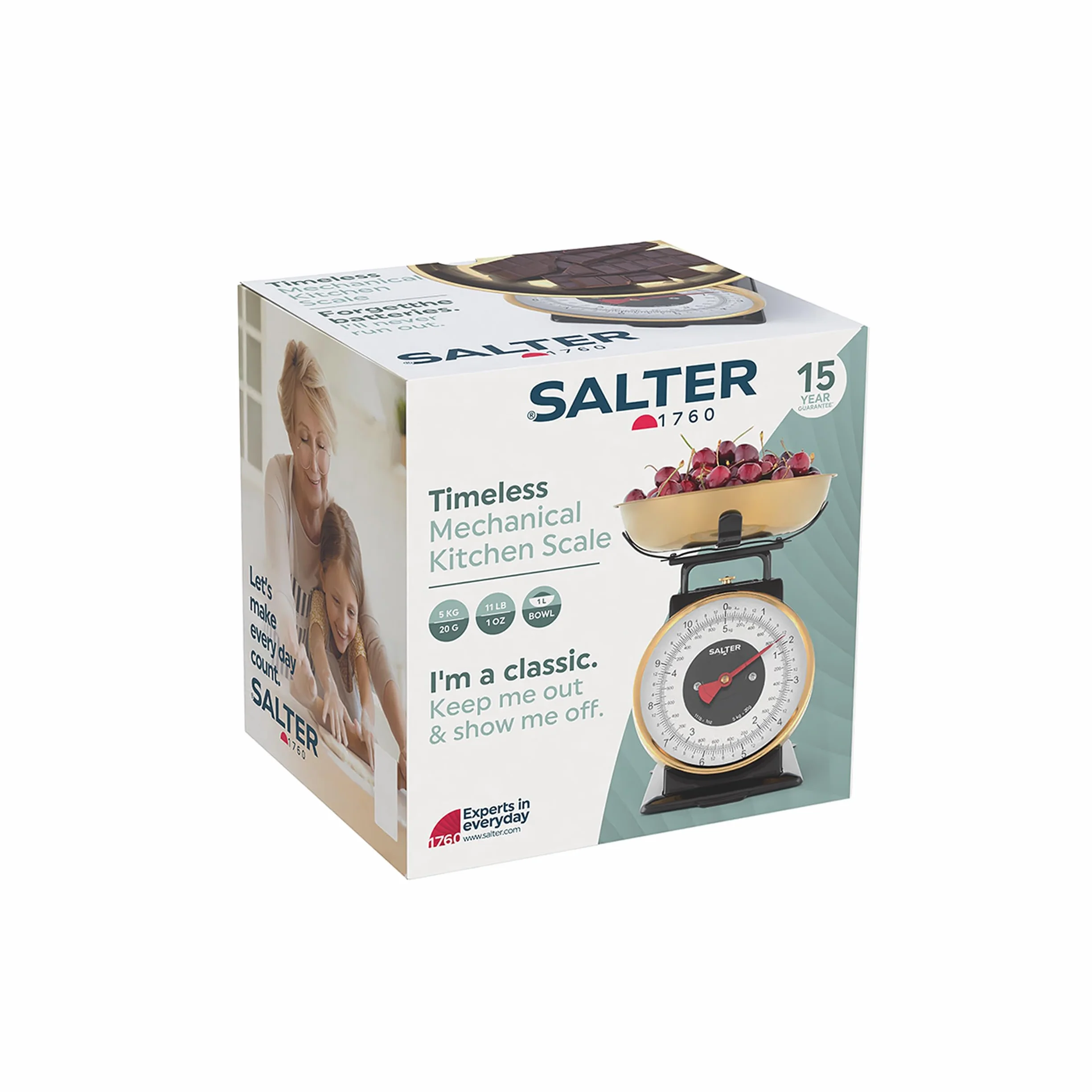 Salter Timeless Bilancia da cucina meccanica 5 kg acciaio inox 1 litro incrementi 20 g cifre grandi nero oro