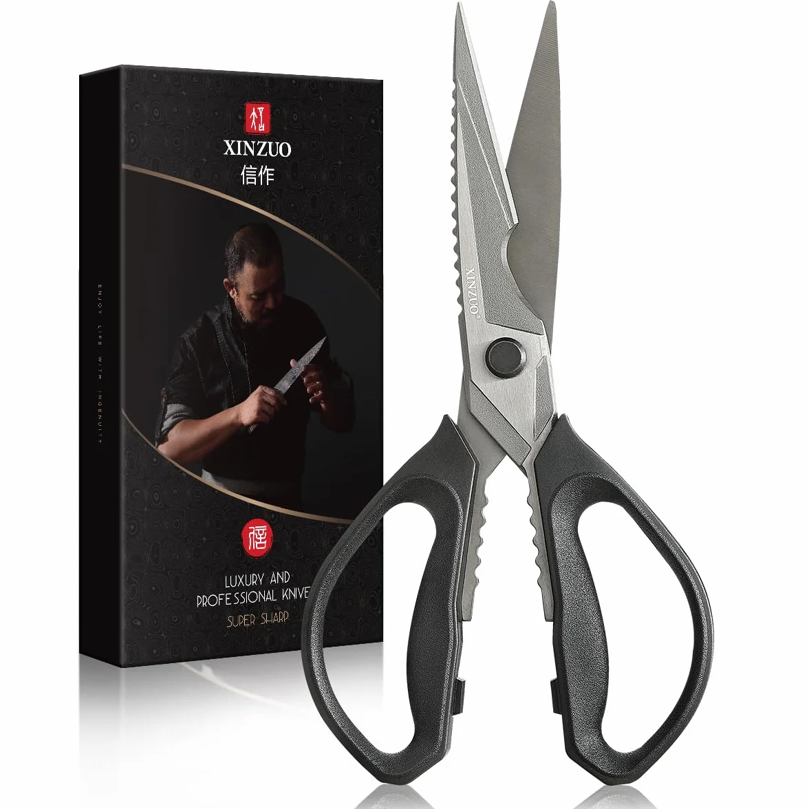 XINZUO Forbici da Cucina Professionali Acciaio Inox Rivestite in Titanio Nero Manico Antiscivolo
