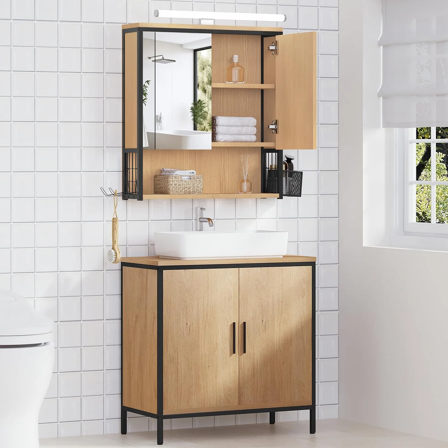 EUGAD Specchio da Bagno con Contenitore e Luci, Pensile da Bagno con 2 Ante, 1 Scomparto Aperto e 2 Vani Chiusi, Ripiano Interno Regolabile, Nero + Rovere, 56x14,5x60 cm