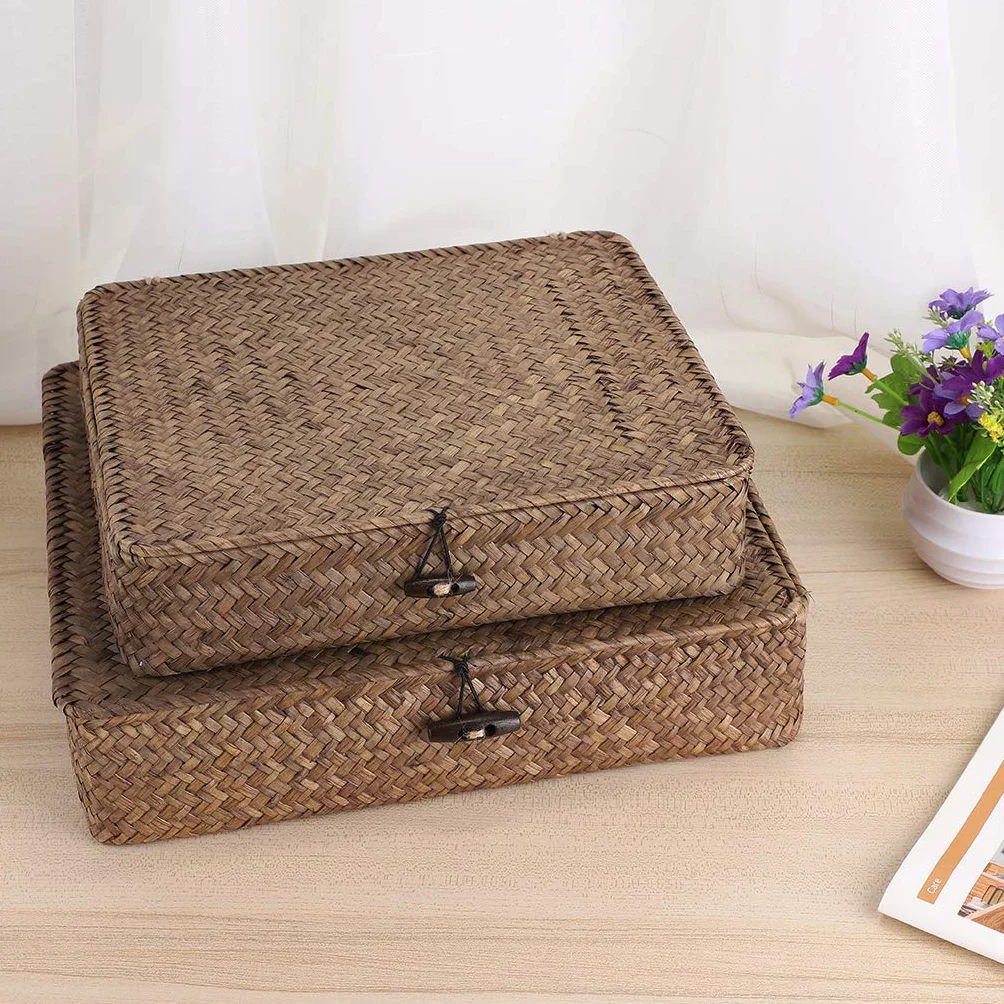 Cestini in rattan naturale con coperchio fatti a mano rettangolari marroni