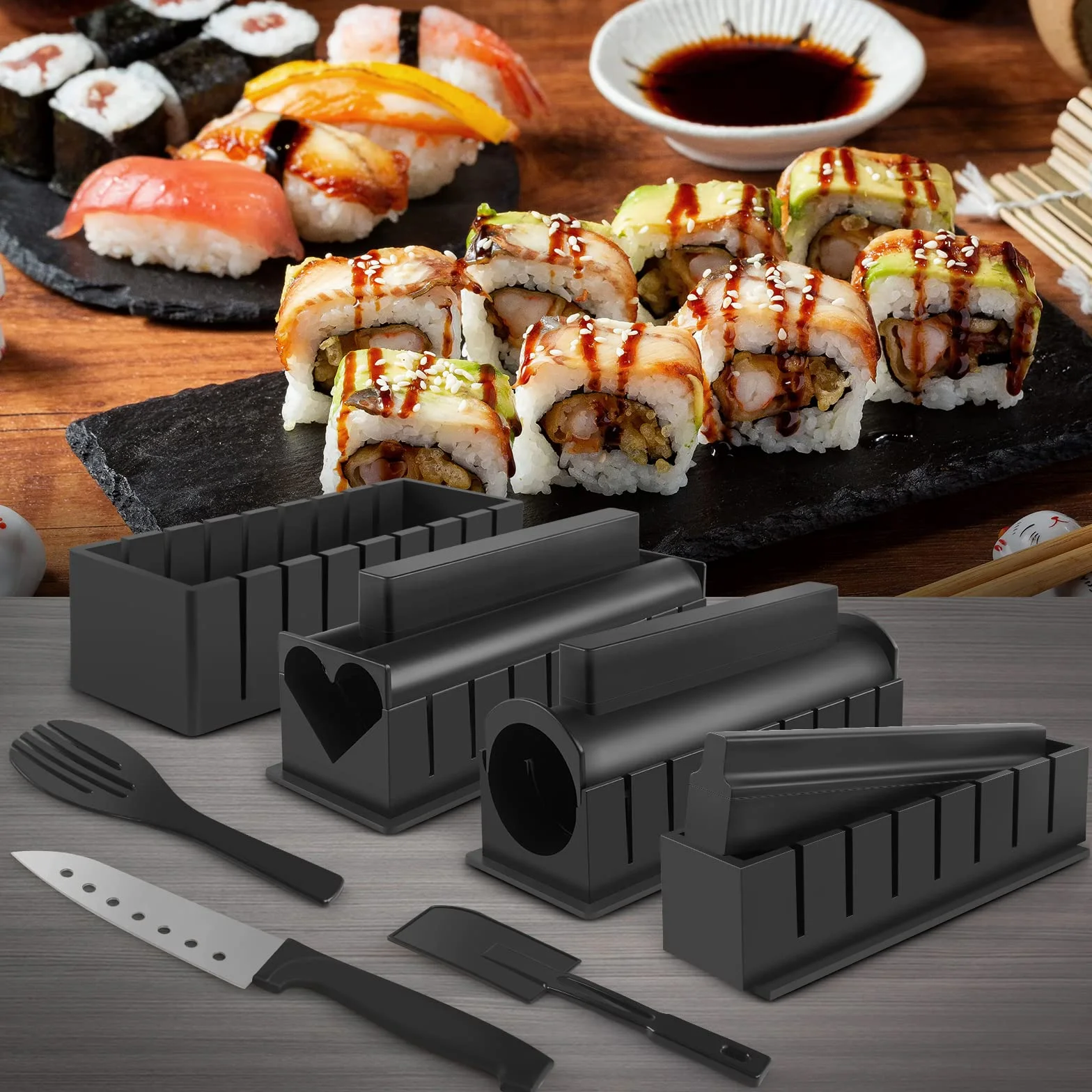 Kit sushi set 20 pezzi, adatto ai principianti da preparare da soli, con stampo per polpette di riso, coltello, tappetino per rotolare, bacchette, set completo Piatti da sushi (Nero)