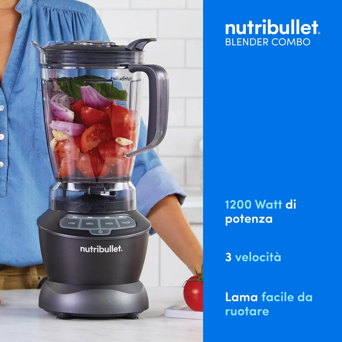 nutribullet Full Size Blender Combo, Frullatore Elettrico, Tritatutto Multifunzione, Professionale, Con Tre Bicchieri di cui uno da 1,8 L Senza BPA, Potenza 1200 Watt, NBF500MB