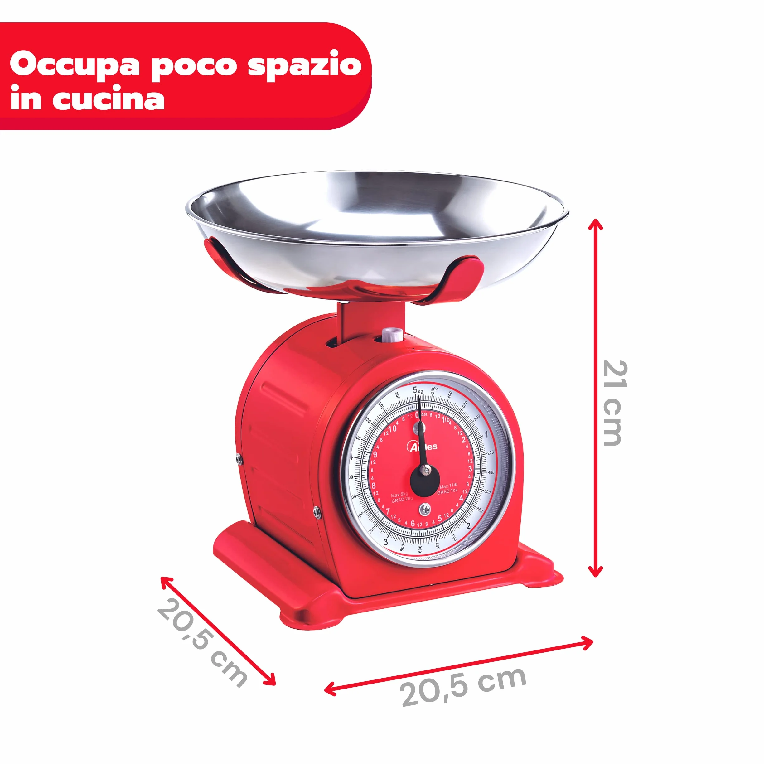 Ardes AR1PA3M Bascula Bilancia da Cucina Meccanica Vintage Style, Ciotola Removibile Acciaio Inox, 5 kg, Rossa