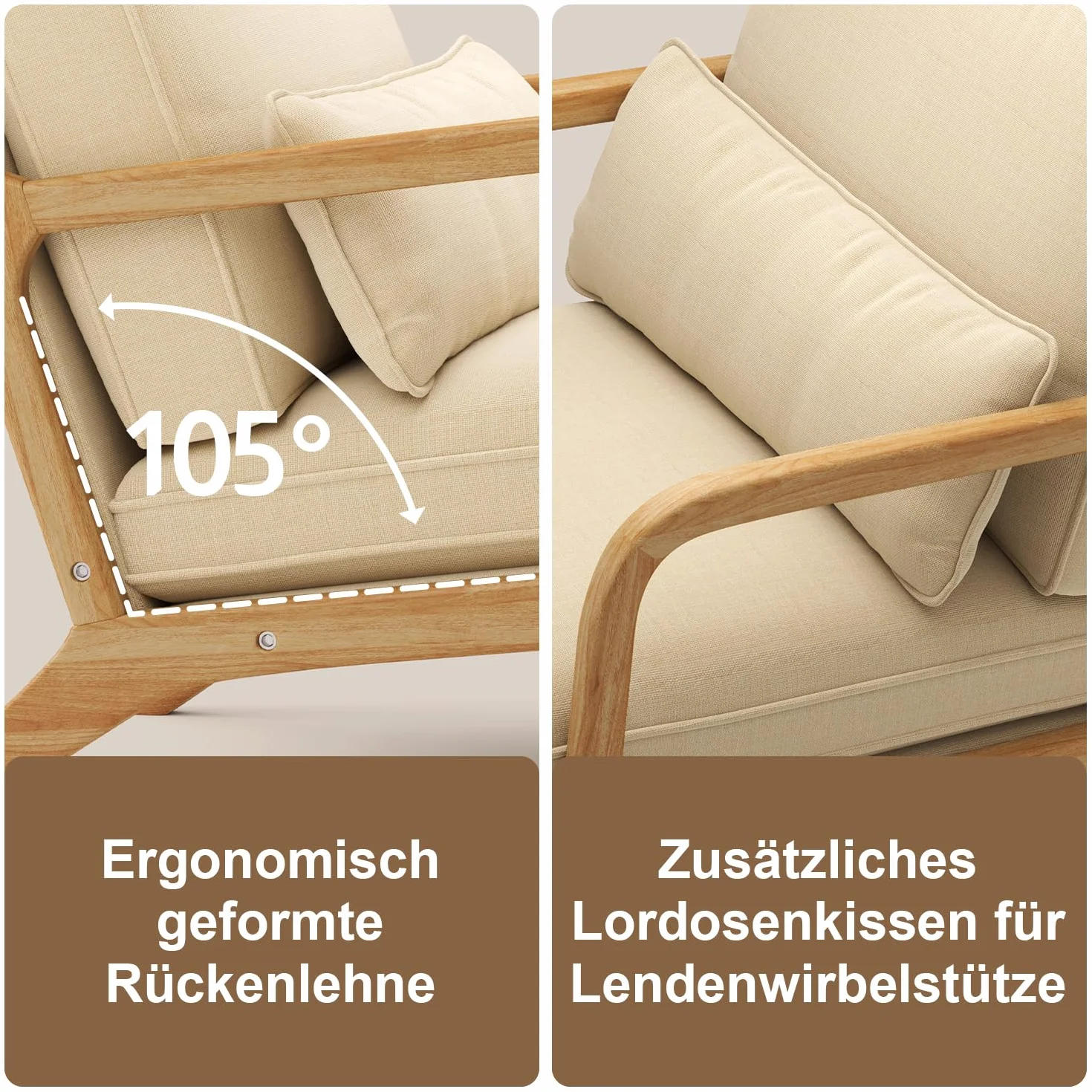 Poltrona da Salotto in Legno di Caucciù,Poltroncina Camera da Letto,con Cuscino Sfoderabile e Schienale con Braccioli con cuscino lombare,82 x 65 x 75CM, Beige
