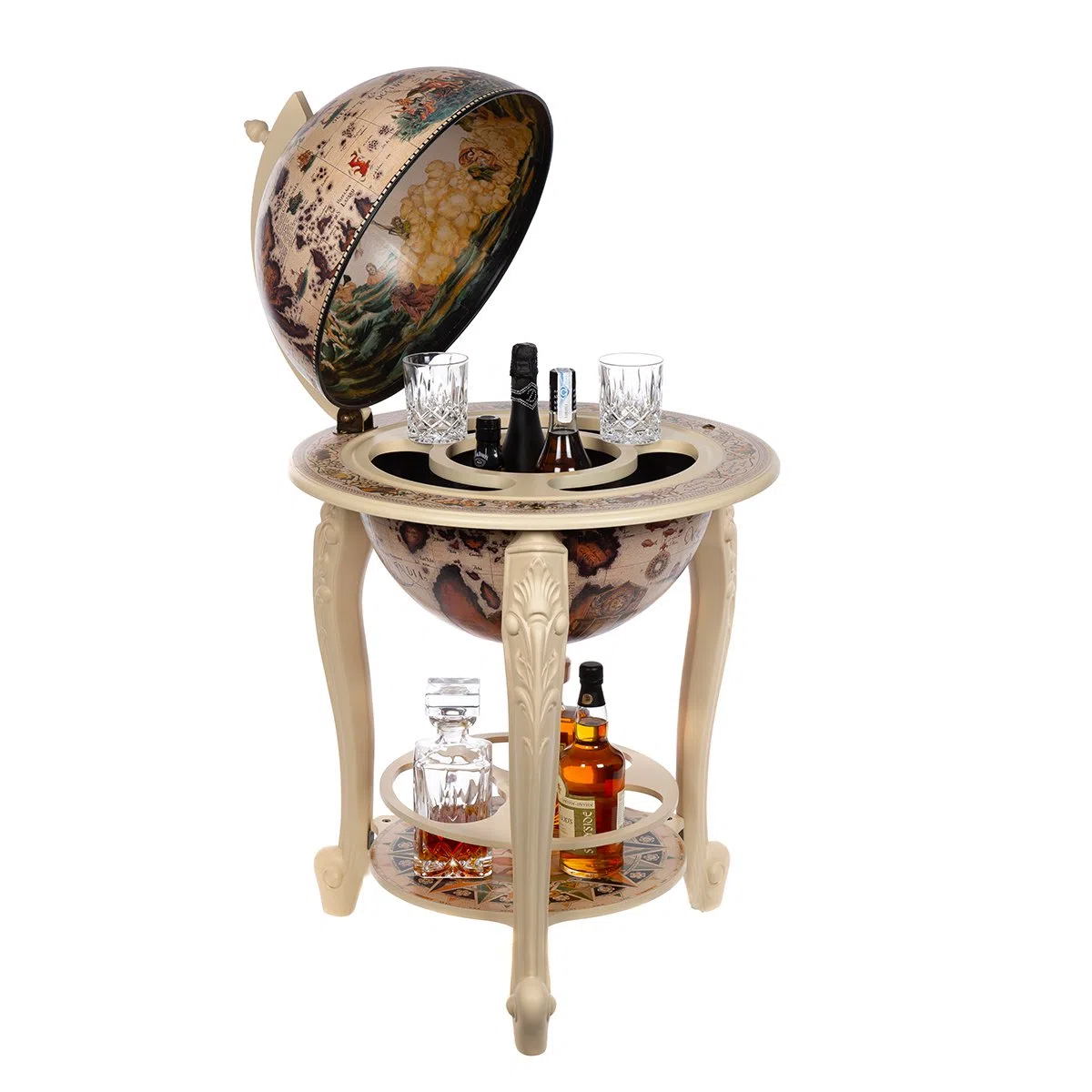 Carrello bar gigante XXL 45001WW10, con colonne in legno massiccio di eucalipto, bianco avorio, aperto 115 cm di altezza e 60 cm di larghezza, bar a globo, bar della casa, cocktail bar