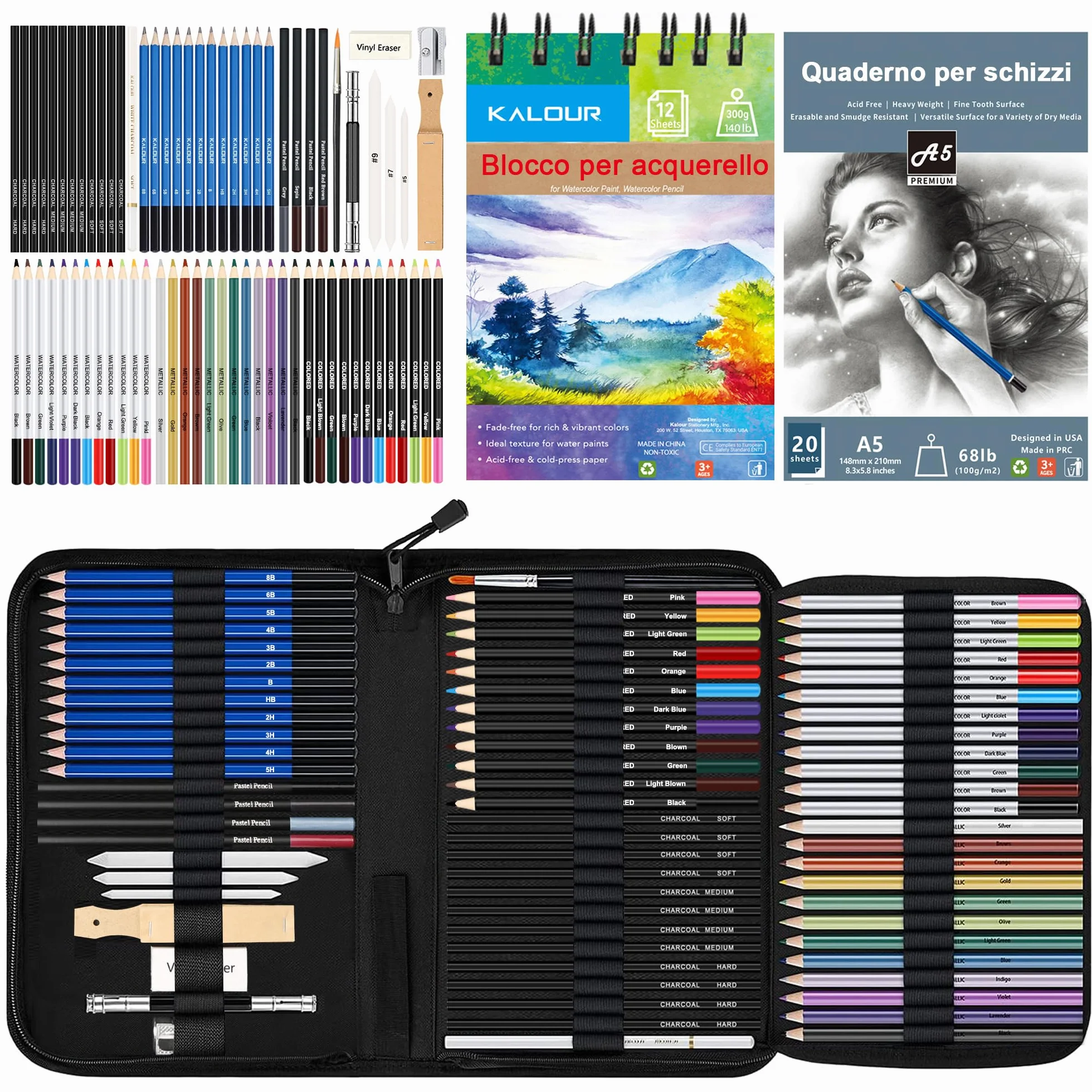 KALOUR 76 Kit di Disegno e Schizzo - Set di Materiali Artistici con Taccuino e Carta Acquerello - Include Tutorial, Matite Pastello, Acquerello, Schizzo, Colorate, Metalliche, Carboncino
