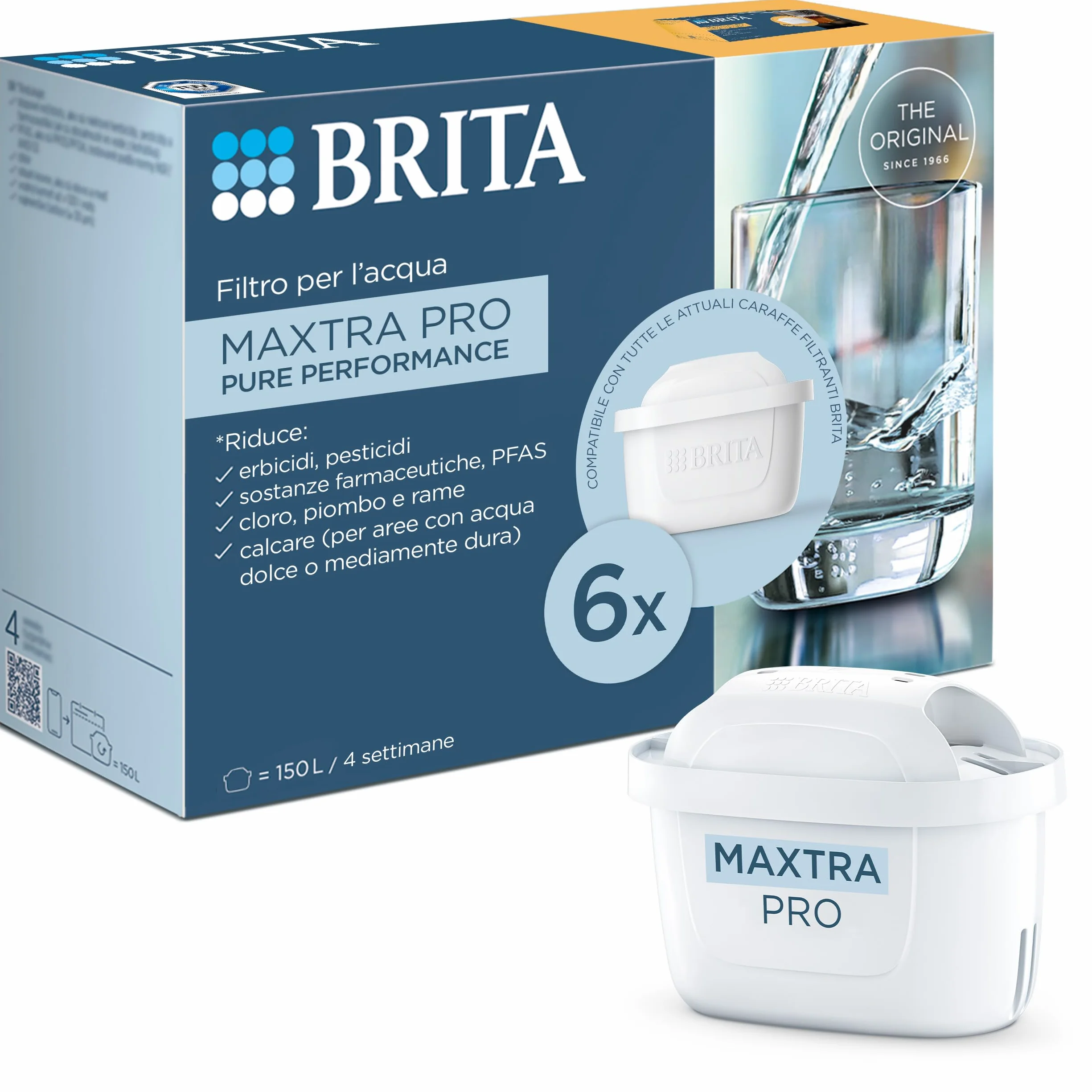 BRITA MAXTRA PRO Pure Performance Filtro Acqua Rubinetto 6 Pezzi - Riduce Cloro, Calcare, PFAS e Metalli, Compatibile con Caraffa BRITA
