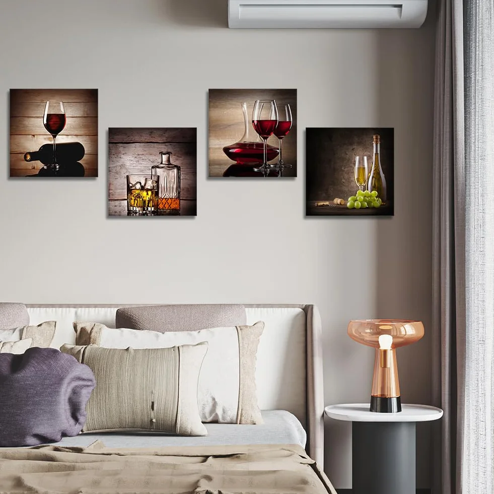 Artscope 4 parti Stampa su tela - Bicchiere da vino rosso, decorazione da parete per camera da letto, dipinti ad olio per casa, bagno, soggiorno, 30 x 30