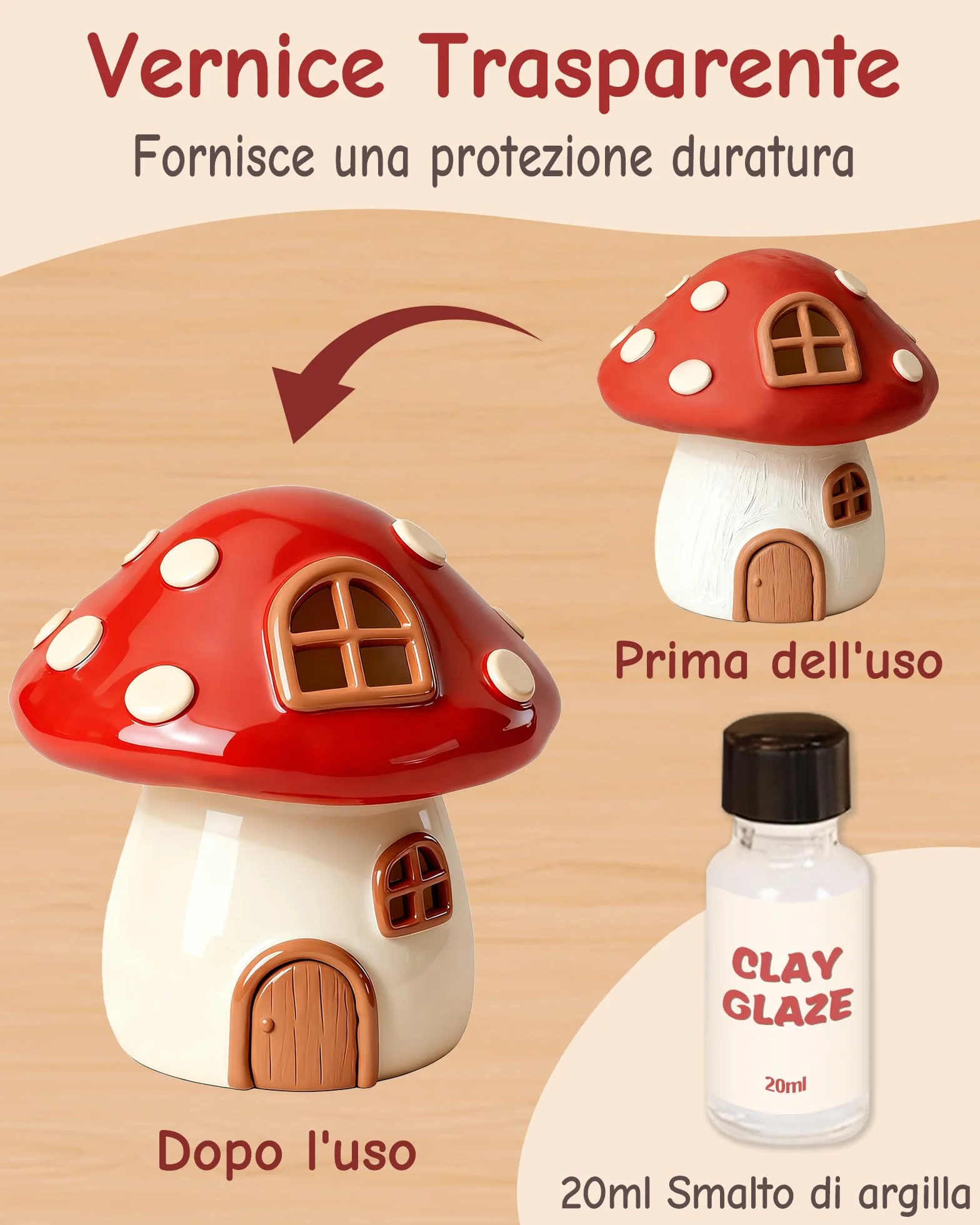 Kit Argilla Senza Cottura 1 kg con Vernice Lucida Trasparente e 6 Attrezzi Ceramica per Principianti e Adulti