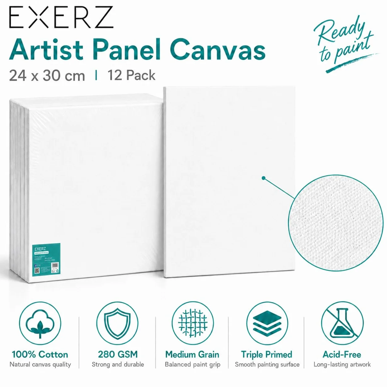 Exerz Pannelli in Tela 24x30 cm 12pz, Spessore 3 mm, 100% Cotone, 280g/m², Tripla Preparazione, Senza Acidi, Grana Media, per Pittura a Olio e Acrilico