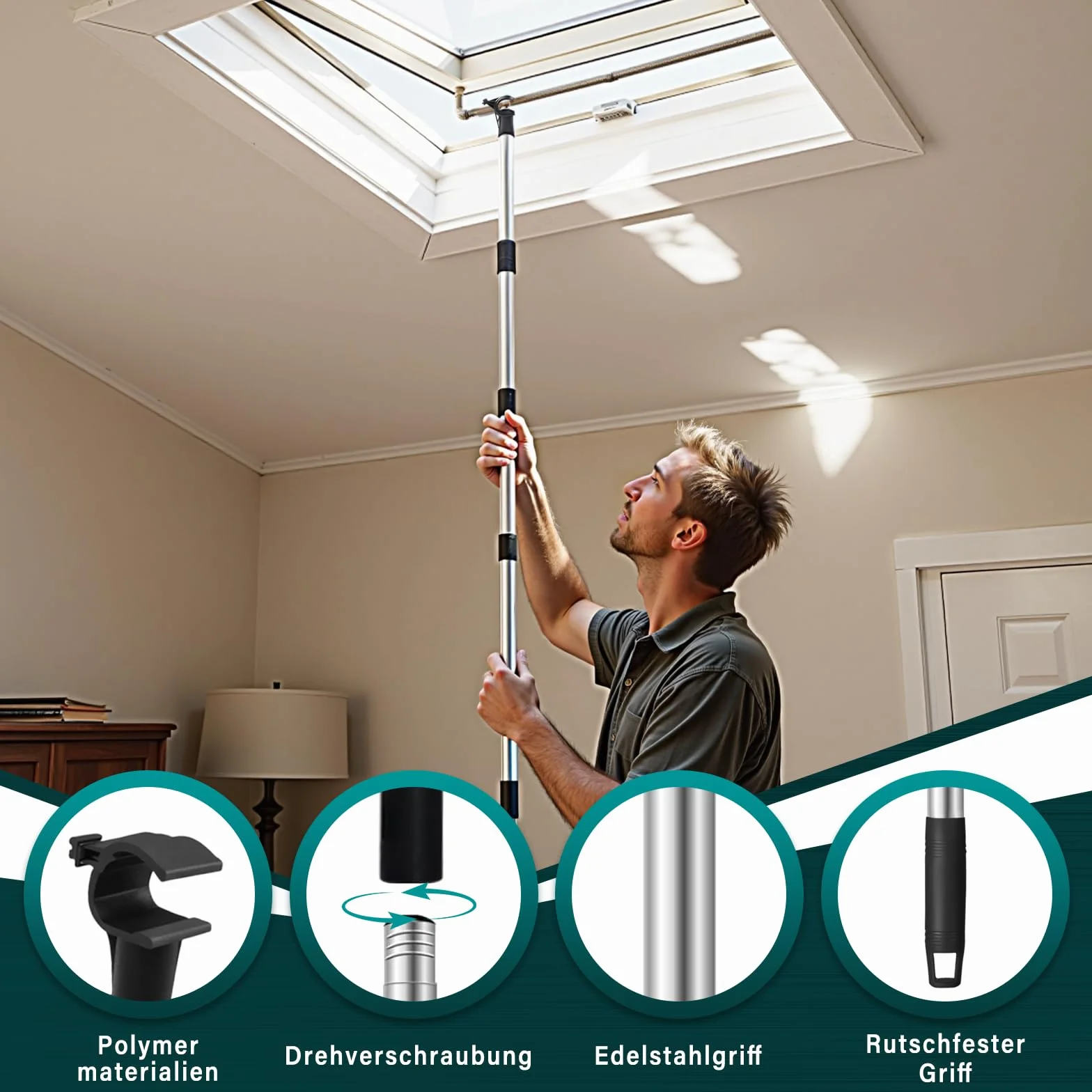 Asta Telescopica per Lucernario Velux GGL/GGU 185 cm Acciaio Inox Gancio Universale