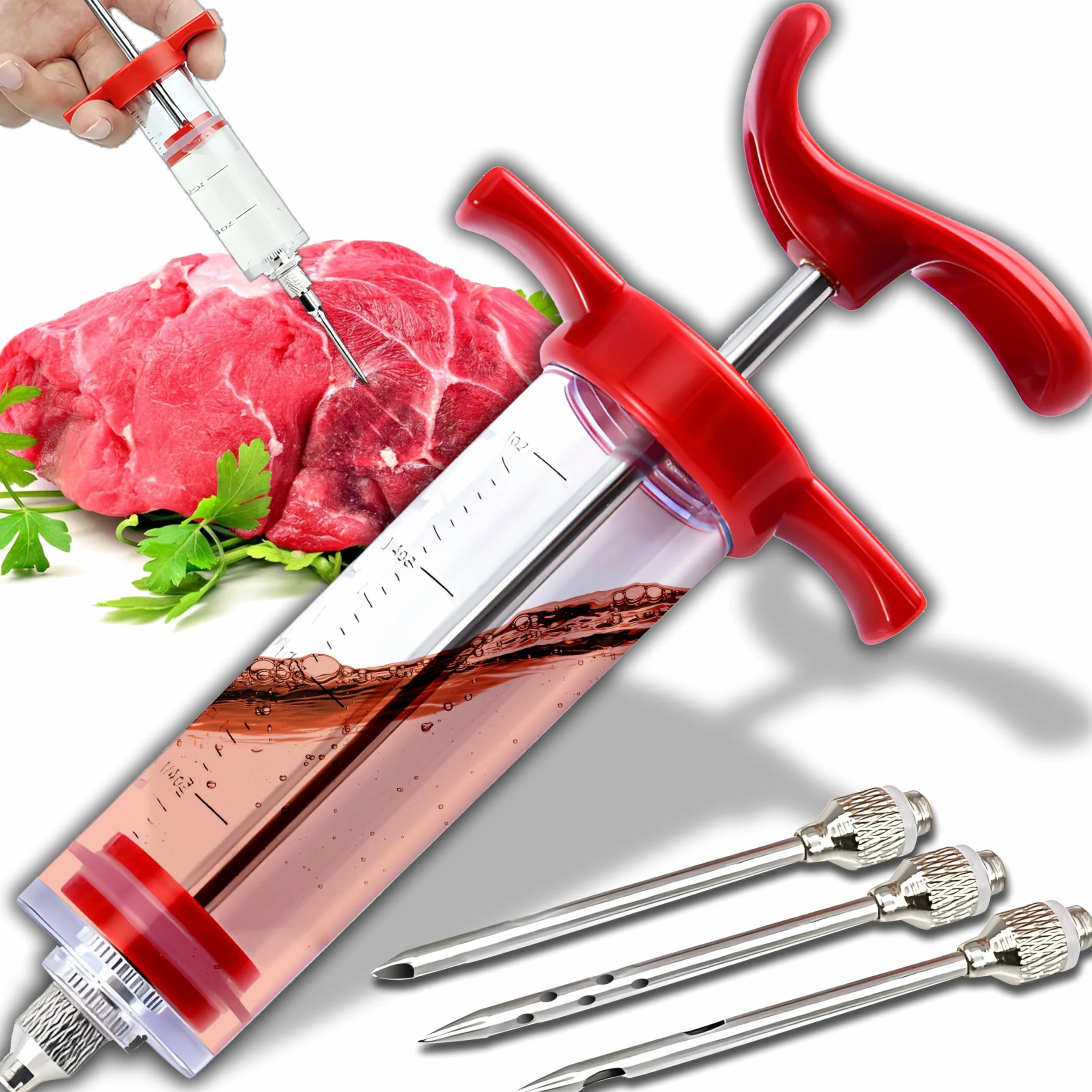 Retoo Siringa per Carne in Acciaio Inossidabile 30ml con 3 Aghi per Marinata BBQ Iniettore Alimentare